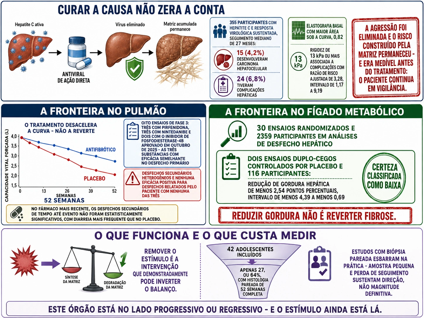 Linha do tempo com vírus eliminado e matriz remanescente com dados de carcinoma e complicações, gráfico de declínio funcional com duas curvas descendentes e quadro dos oito ensaios de fase 3, metanálise com selo de certeza baixa, e funil de perda de seguimento em estudo com biópsia pareada.