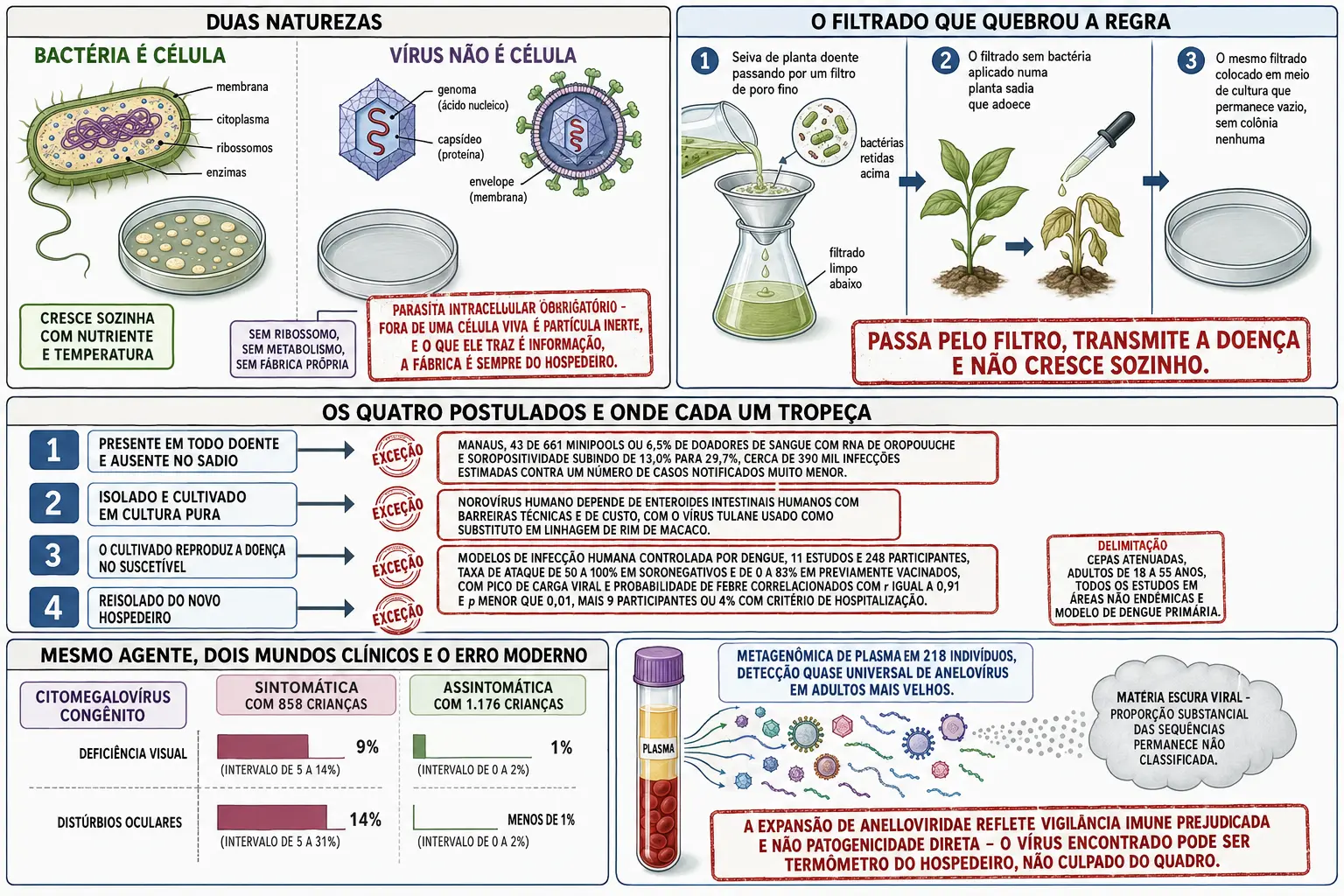 Comparação entre bactéria com maquinaria própria e vírus como genoma encapsulado, sequência do filtrado que transmite doença sem crescer em cultura, lista dos quatro postulados com selos de exceção e barras de citomegalovírus congênito ao lado de metagenômica de plasma.