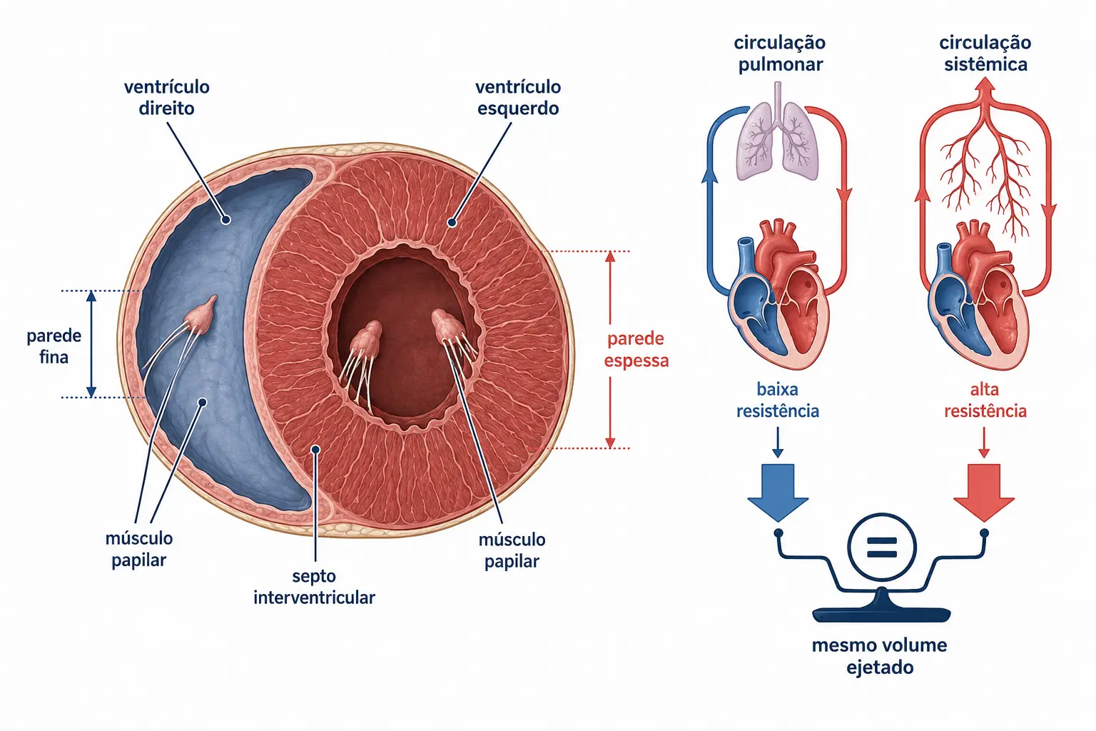 Corte transversal dos ventrículos mostrando o ventrículo esquerdo circular de parede espessa e o direito em crescente de parede fina, ao lado dos dois circuitos com resistências diferentes e volume ejetado igual.