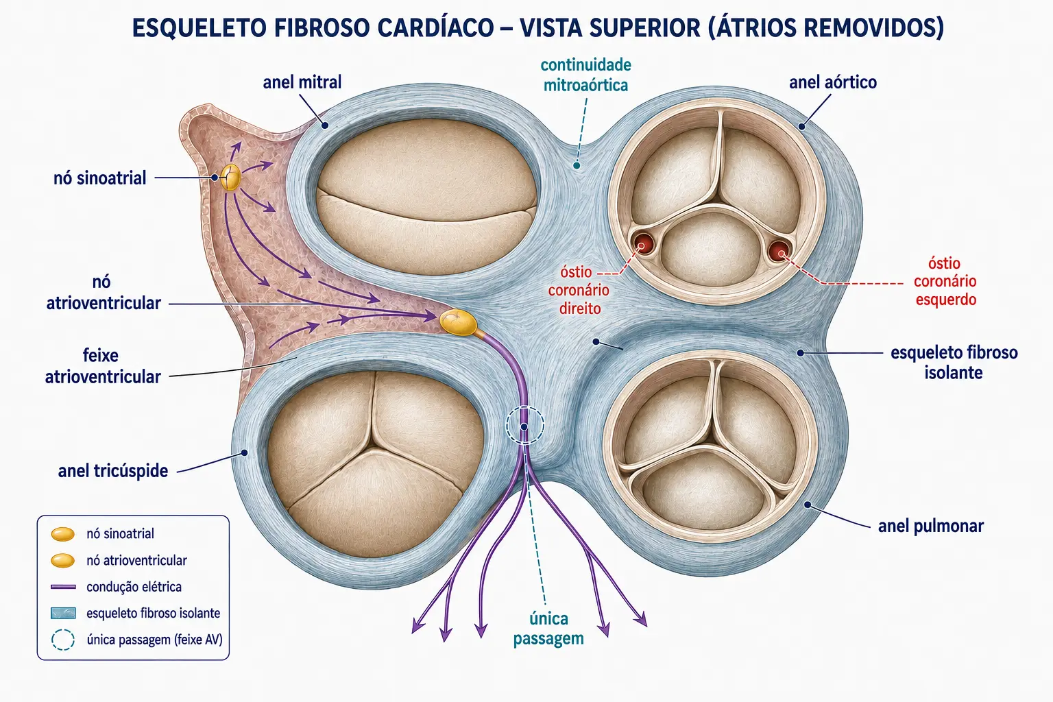 Vista superior do plano valvar com os quatro anéis fibrosos unidos formando uma placa isolante, atravessada num único ponto pelo feixe atrioventricular, com as valvas e os óstios coronários rotulados.