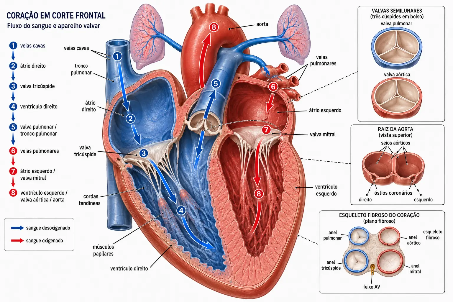 Corte frontal do coração com as quatro câmaras, as quatro valvas, o trajeto do sangue numerado de 1 a 8, o aparelho valvar com cordas e papilares, os seios da aorta com os óstios coronários e o esqueleto fibroso atravessado por uma única passagem.