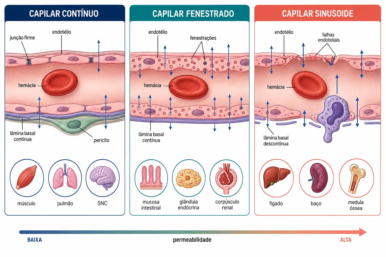 Três quadros comparando capilar contínuo com junções firmes, capilar fenestrado com poros e capilar sinusoide com falhas entre células e lâmina basal descontínua, com os órgãos correspondentes e a permeabilidade crescente.