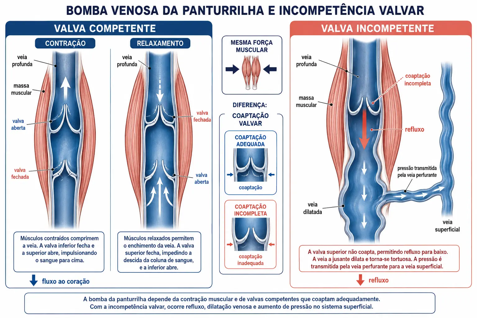 Painel duplo com a bomba muscular funcionando entre valvas competentes nas fases de contração e relaxamento, e do outro lado a valva incompetente com refluxo e a veia dilatada e tortuosa.