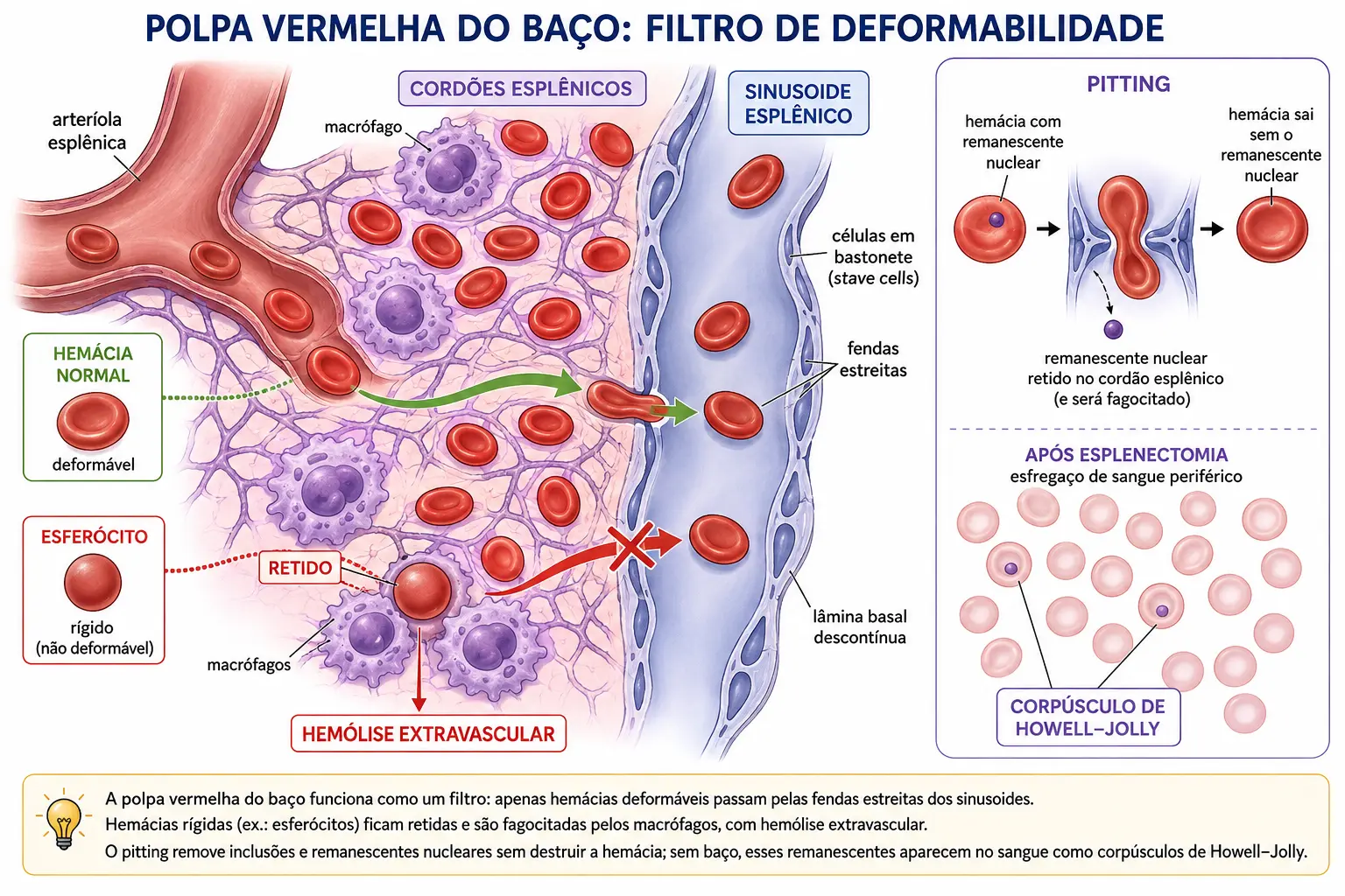 Polpa vermelha do baço com cordões esplênicos e macrófagos, sinusoide com fendas estreitas entre células endoteliais, hemácia normal passando e esferócito retido, e um quadro do pitting com corpúsculos de Howell-Jolly após esplenectomia.