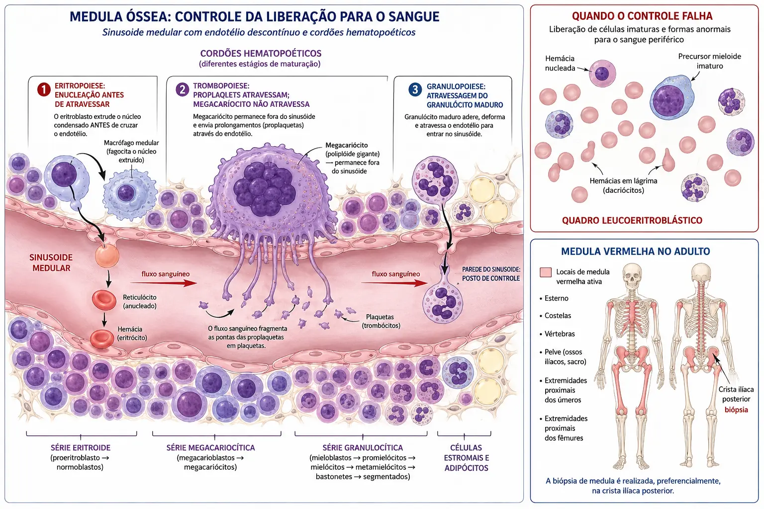 Sinusoide medular com parede endotelial descontínua, eritroblasto expulsando o núcleo antes de atravessar, megacariócito projetando proplaquetas para dentro da luz, e quadros laterais com o esfregaço leucoeritroblástico e a distribuição da medula vermelha no adulto.