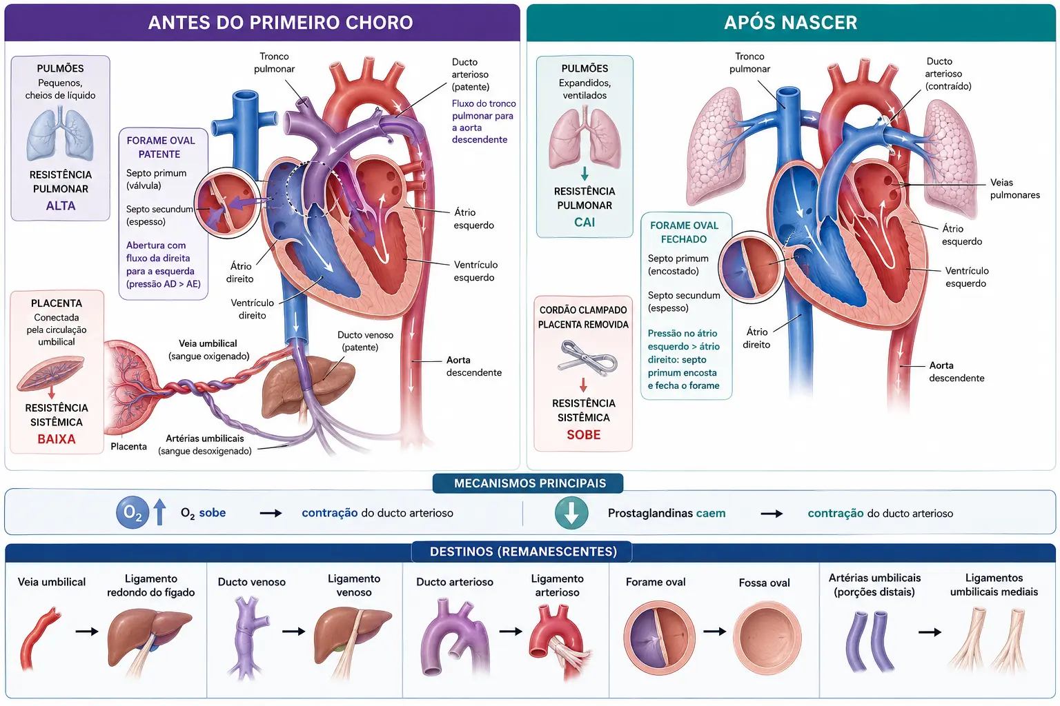 Painel duplo comparando a circulação antes e depois do nascimento, com forame oval aberto e depois fechado pela aba do septum primum, ducto arterioso amplo e depois contraído, as mudanças de resistência, e uma faixa com os remanescentes de cada estrutura.
