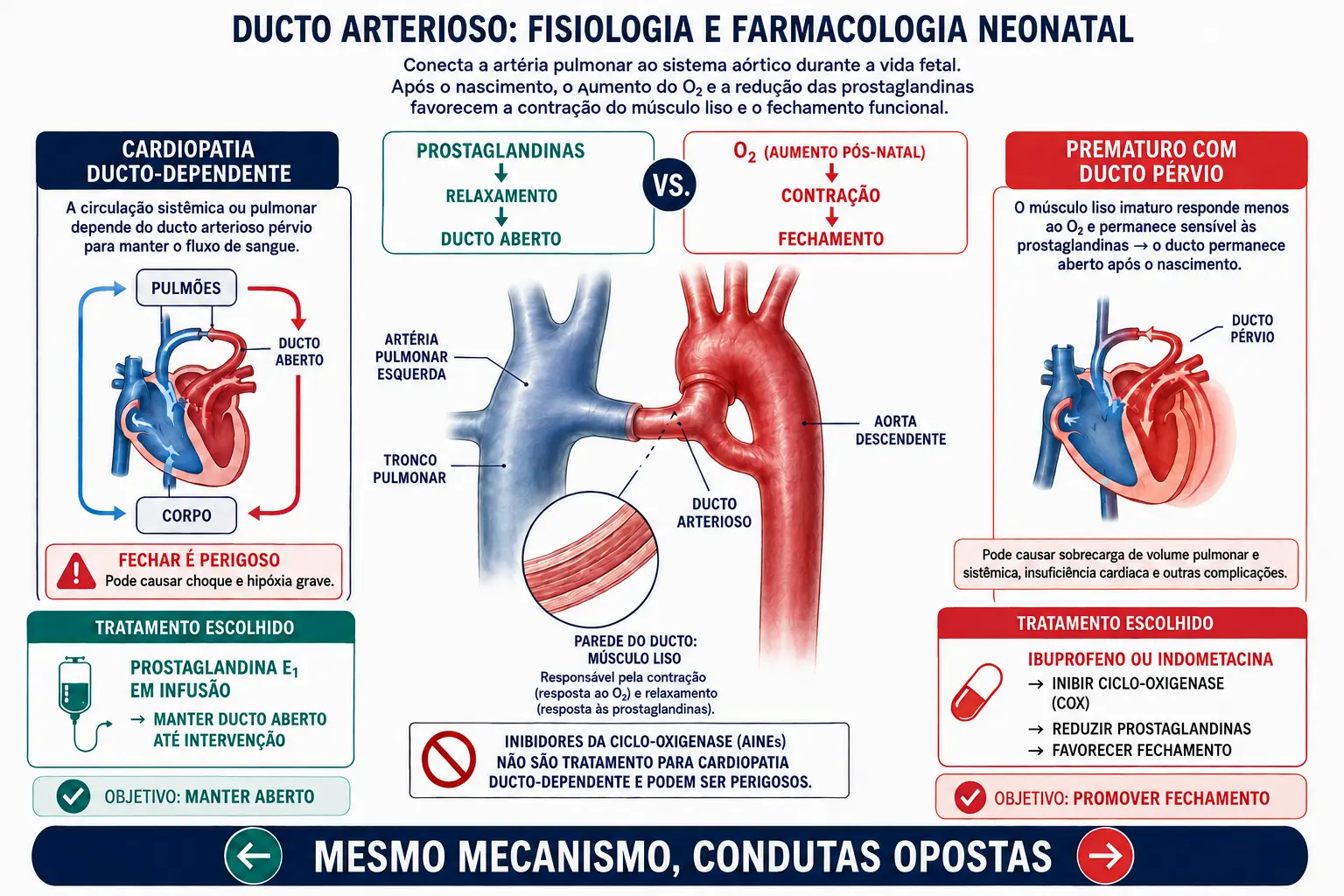 Ducto arterioso ao centro com prostaglandinas mantendo aberto e oxigênio fechando, e dois painéis laterais com as condutas opostas: prostaglandina E1 na cardiopatia ducto-dependente e inibidor de ciclo-oxigenase no prematuro.