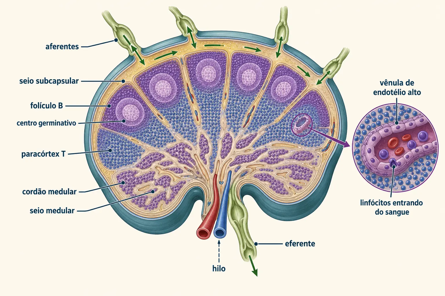 Prancha histológica de um linfonodo com vasos aferentes, seio subcapsular, folículos B e centro germinativo no córtex, paracórtex T com vênulas de endotélio alto, cordões e seios medulares e vaso eferente no hilo.