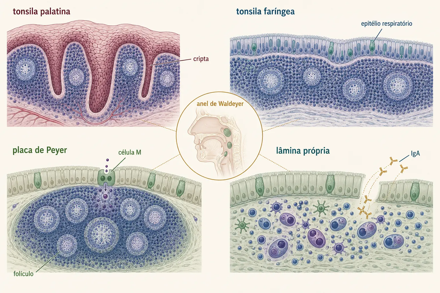 Prancha comparativa do tecido linfoide associado às mucosas mostrando tonsila palatina com criptas, tonsila faríngea com pregas, placa de Peyer no íleo com célula M e folículos, e tecido linfoide difuso da lâmina própria.