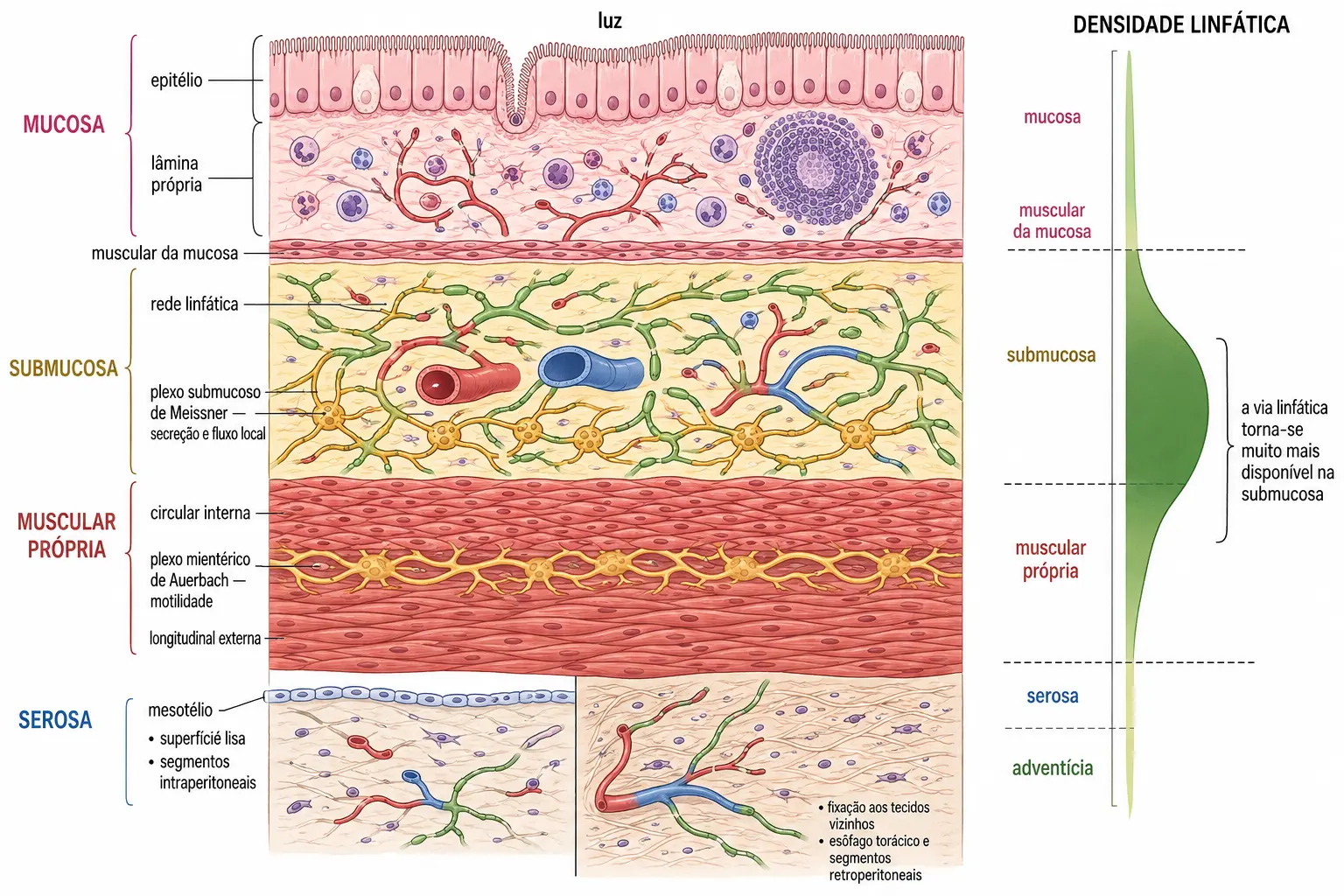 Corte da parede do tubo digestório com mucosa dividida em epitélio, lâmina própria e muscular da mucosa, submucosa com rede linfática e plexo de Meissner, muscular própria com as duas camadas e o plexo de Auerbach entre elas, e serosa comparada à adventícia, com um gráfico lateral da densidade linfática aumentando abruptamente abaixo da muscular da mucosa.
