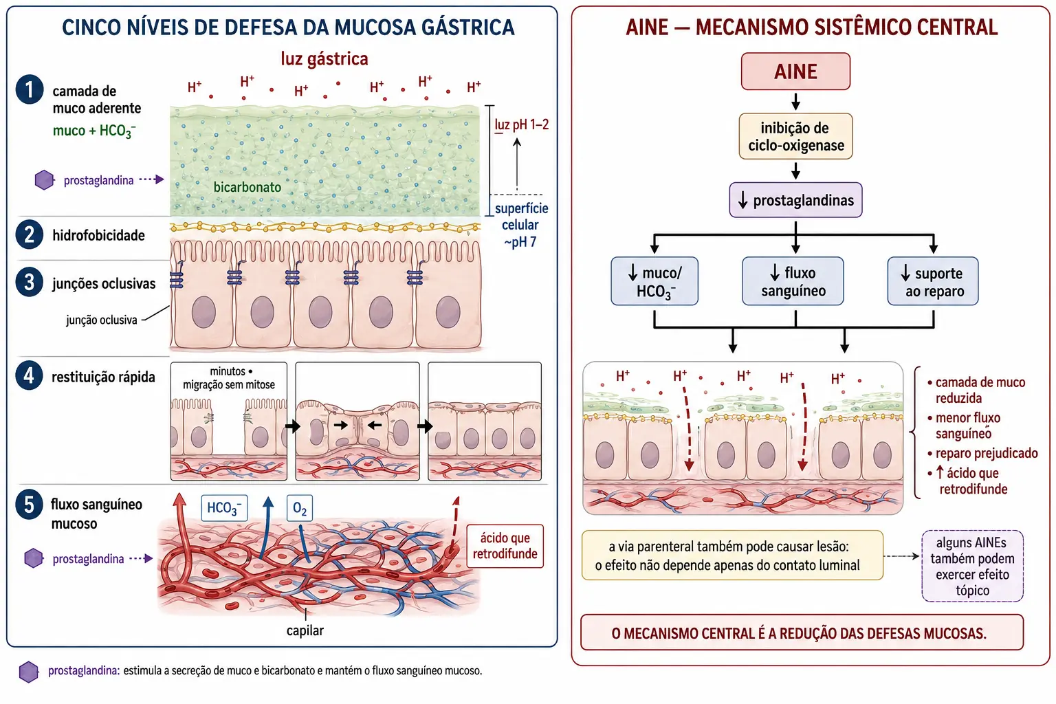Corte da mucosa gástrica com as cinco defesas numeradas, incluindo o gradiente de pH dentro do gel de muco e a restituição rápida por migração lateral, com as três defesas dependentes de prostaglandina marcadas e o painel mostrando sua queda simultânea sob anti-inflamatório.