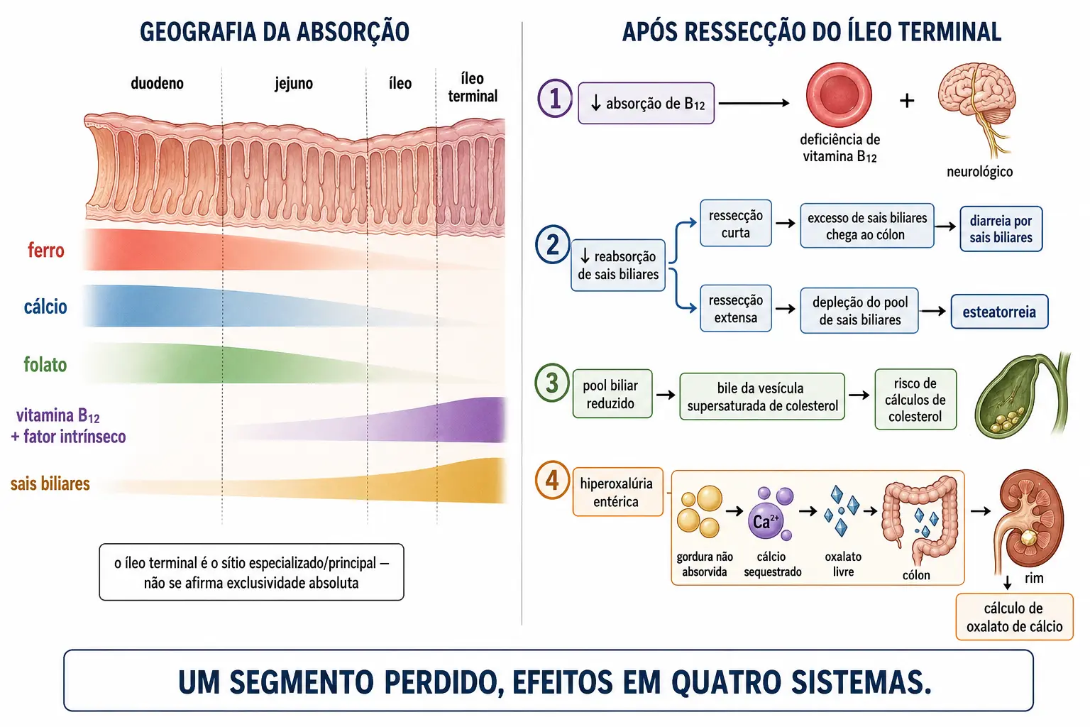 Intestino delgado desdobrado com as faixas de absorção de ferro, cálcio, folato e, exclusivamente no íleo terminal, vitamina B12 e sais biliares, ao lado das quatro consequências da ressecção ileal incluindo a cadeia da hiperoxalúria entérica.