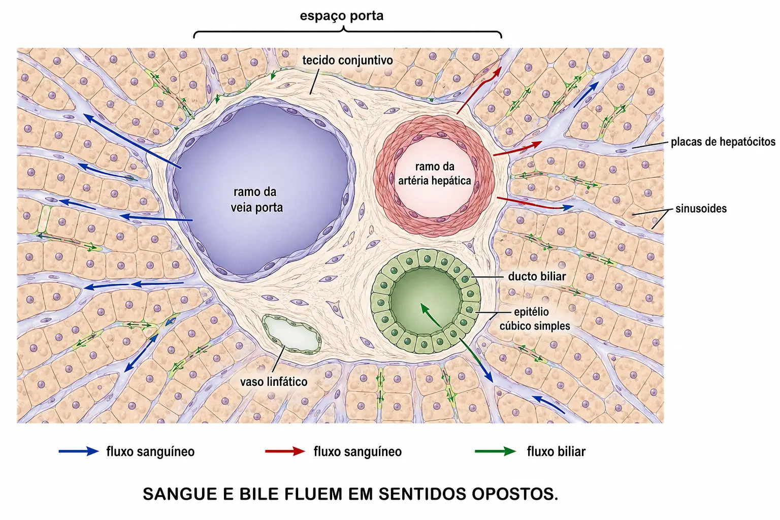 Espaço porta com veia porta, artéria hepática e ducto biliar dentro de tecido conjuntivo, cercado por placas de hepatócitos.