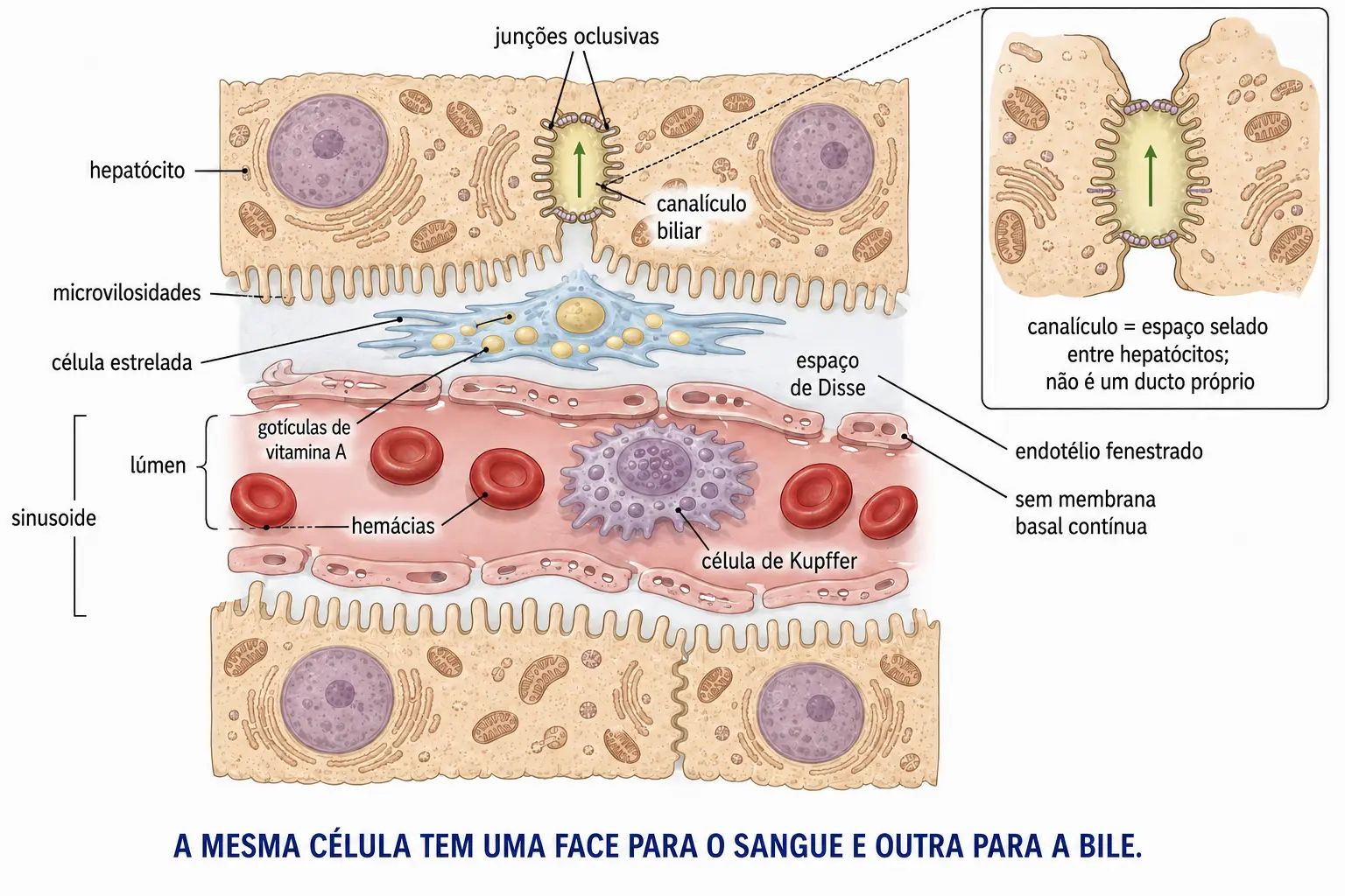 Corte de sinusoide hepático com célula de Kupffer no lúmen, endotélio fenestrado, espaço de Disse com célula estrelada e canalículo biliar entre dois hepatócitos.