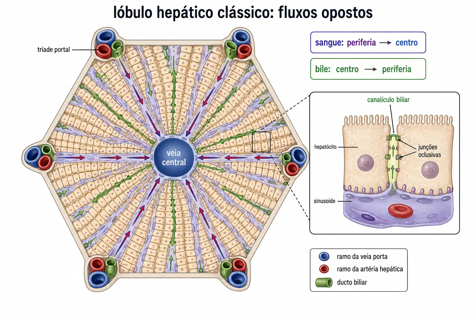Lóbulo hepático hexagonal com veia centrolobular no centro, espaços porta nos vértices e setas mostrando sangue indo da periferia ao centro e bile do centro à periferia.