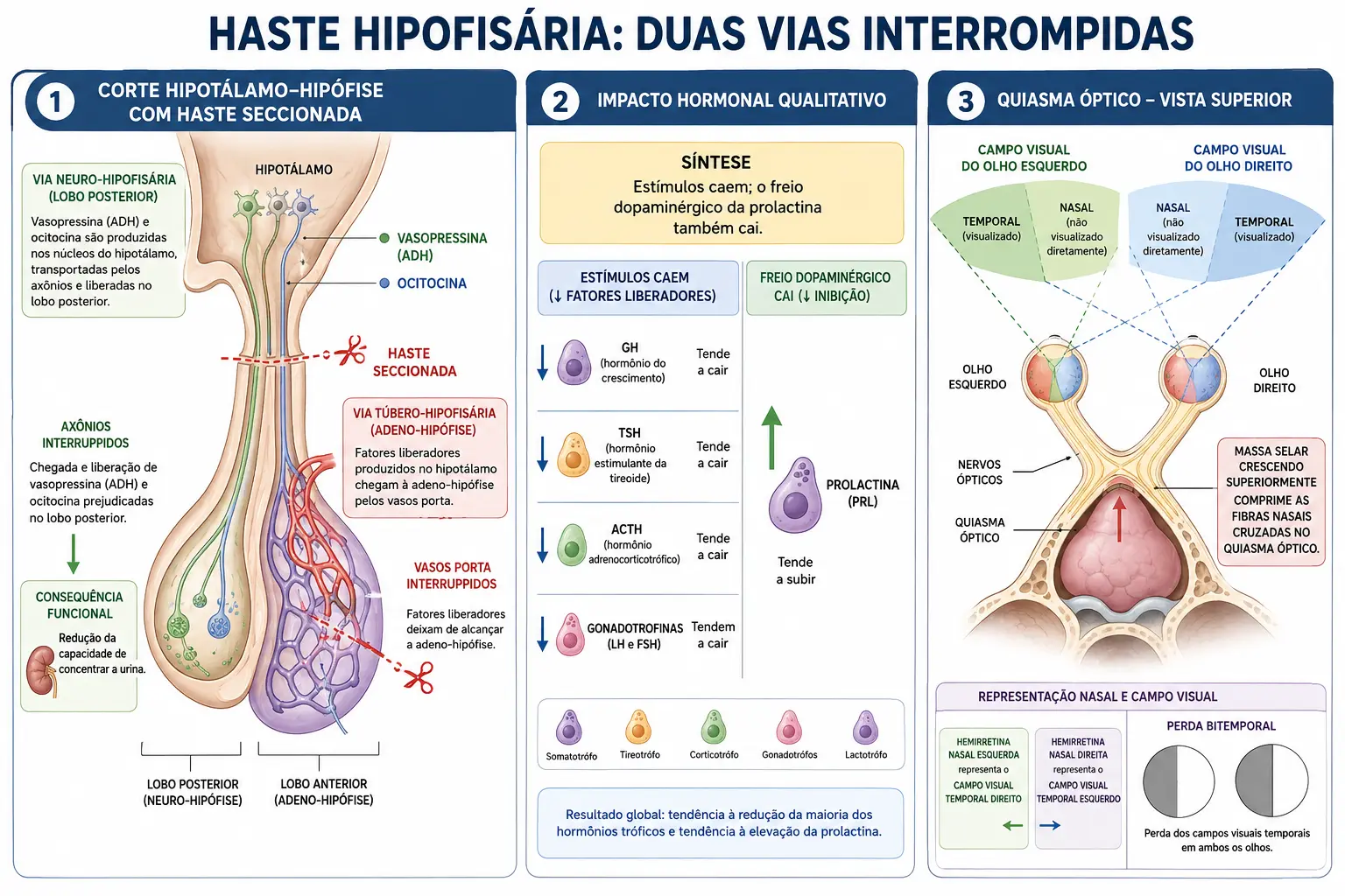 Haste hipofisária secionada com as duas consequências, gráfico de barras mostrando todos os hormônios anteriores caindo e a prolactina subindo, e vista superior do quiasma com as fibras cruzadas comprimidas e os campos temporais escurecidos.