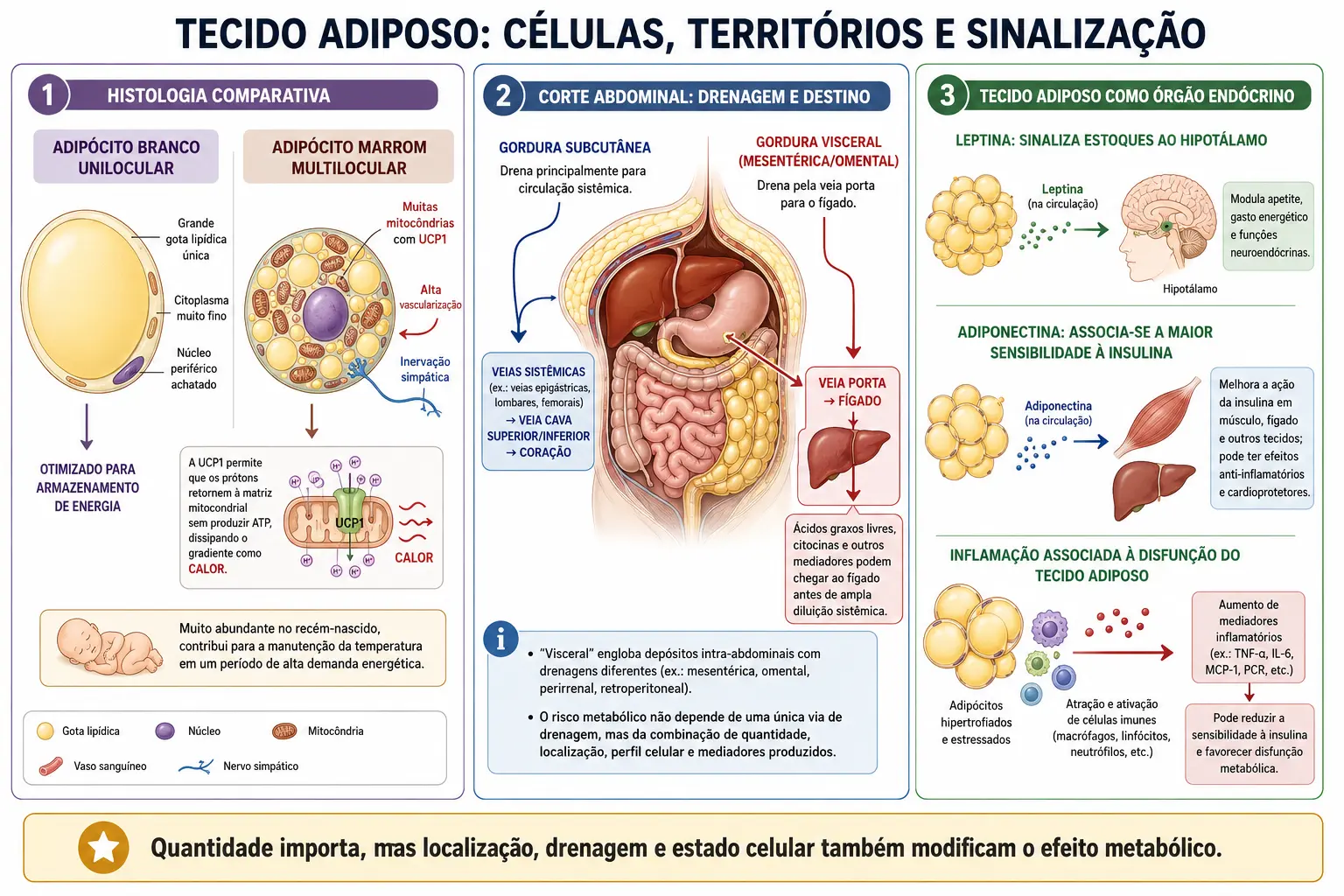 Adipócito branco unilocular com núcleo periférico ao lado do adipócito marrom multilocular com muitas mitocôndrias, e corte abdominal mostrando a gordura subcutânea drenando para a circulação sistêmica e os depósitos omental e mesentérico drenando para a veia porta, com a observação de que a gordura visceral é heterogênea.