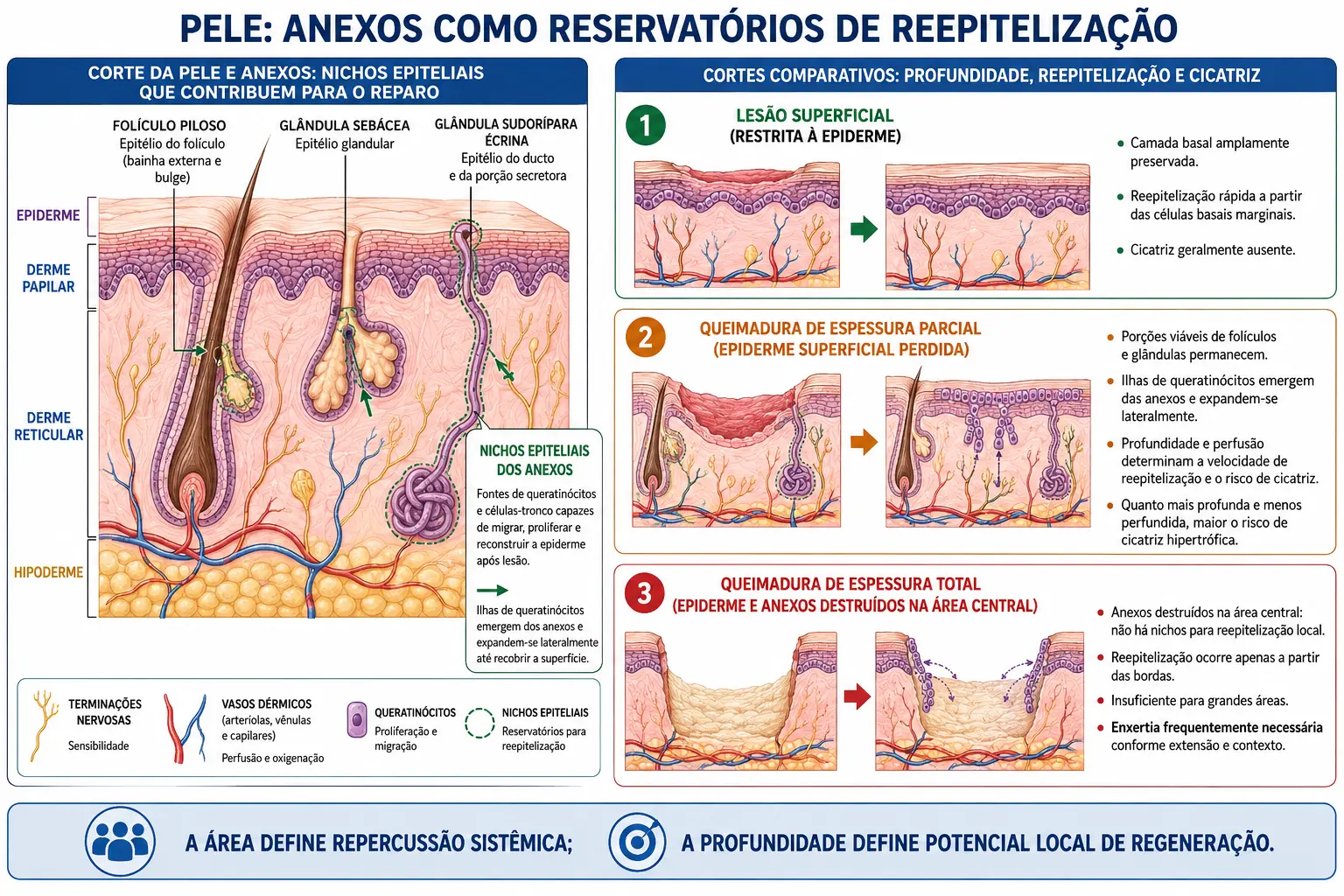 Corte da pele mostrando folículo piloso e glândulas mergulhando na derme como reservatórios epiteliais, e três cortes comparando lesão até a epiderme, até parte da derme com reepitelização em ilhas a partir dos anexos, e de espessura total sem reservatório.