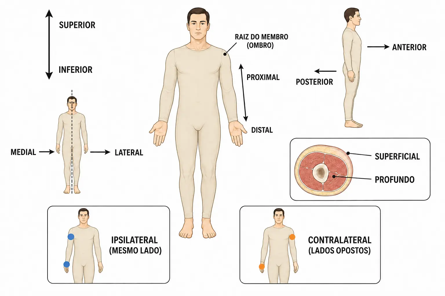 Silhueta em posição anatômica com setas rotuladas mostrando superior/inferior, anterior/posterior, medial/lateral, proximal/distal, superficial/profundo e ipsilateral/contralateral.