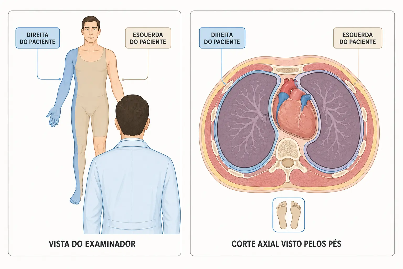 Painel duplo mostrando que o lado direito do paciente aparece à esquerda tanto na vista de frente do examinador quanto no corte axial visto pelos pés.