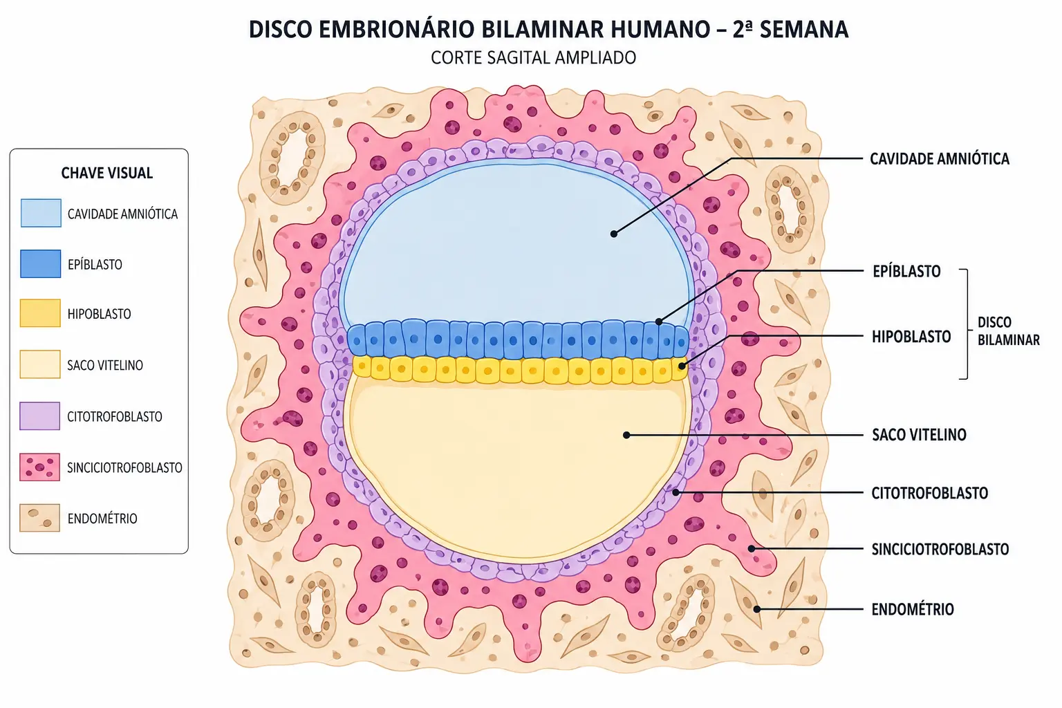 Corte do disco bilaminar com epiblasto sob a cavidade amniótica e hipoblasto sobre o saco vitelino, cercado por cito e sinciciotrofoblasto.