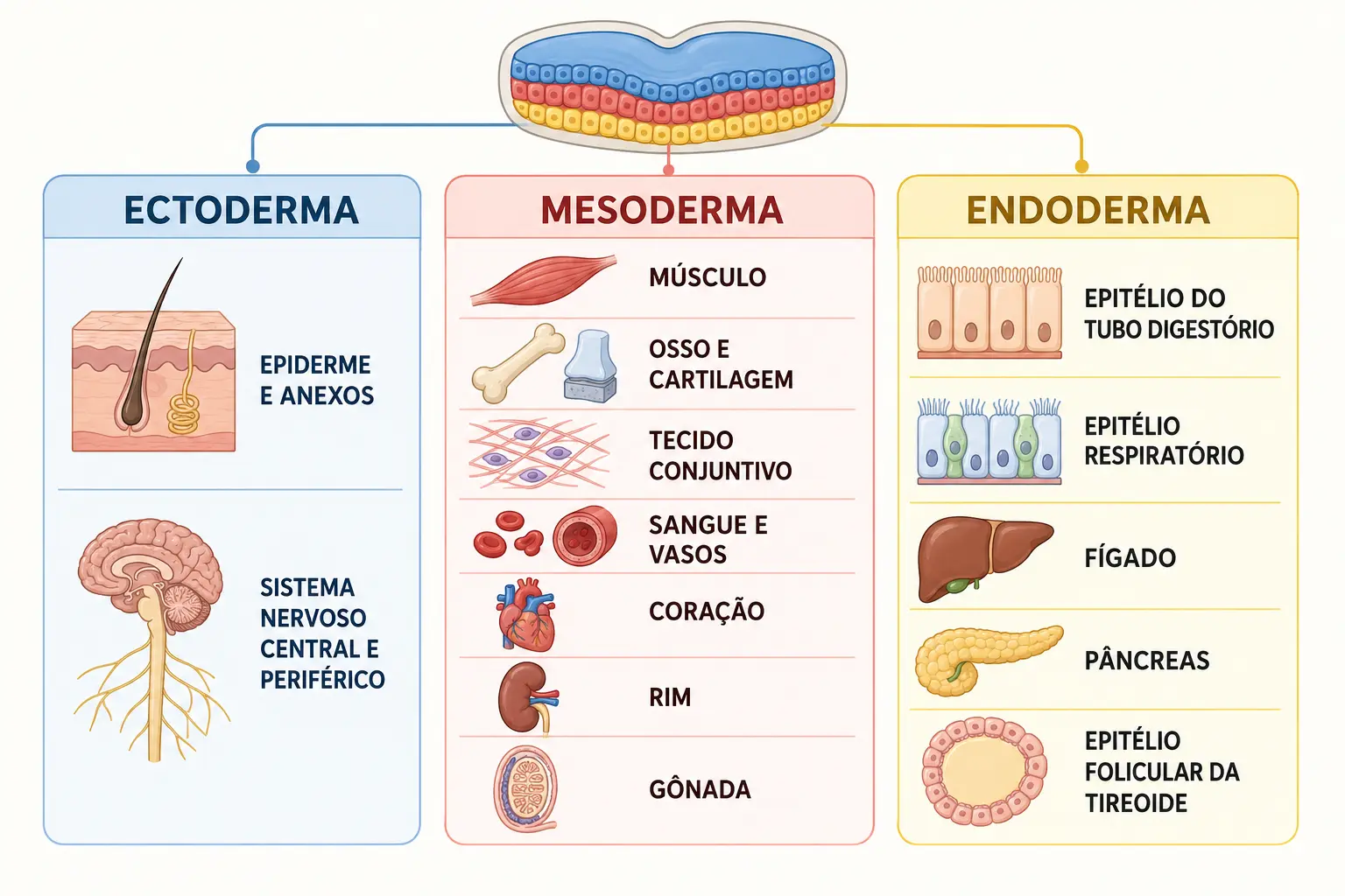Três colunas coloridas mostrando os derivados de ectoderma, mesoderma e endoderma, encabeçadas por um disco trilaminar em corte.