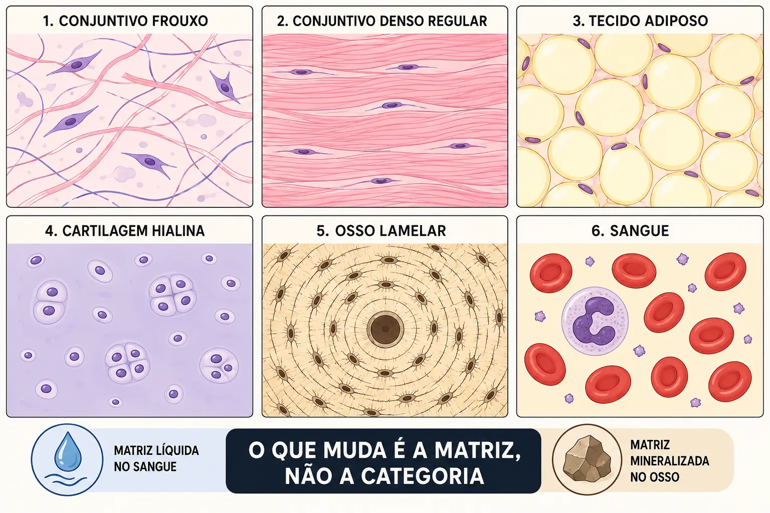 Seis quadros mostrando conjuntivo frouxo, denso, adiposo, cartilagem, osso e sangue, todos com poucas células e matrizes de aspectos diferentes.