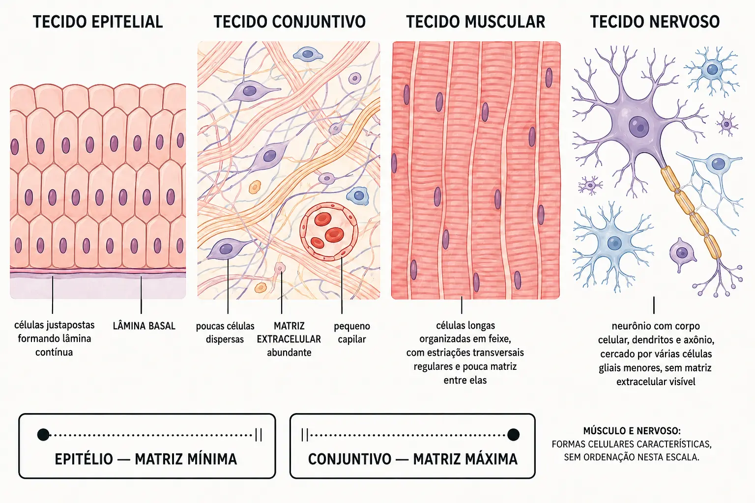 Quatro quadros comparando epitélio com células justapostas sobre lâmina basal, conjuntivo com poucas células em muita matriz, músculo com células alongadas estriadas e tecido nervoso com neurônio e glia.
