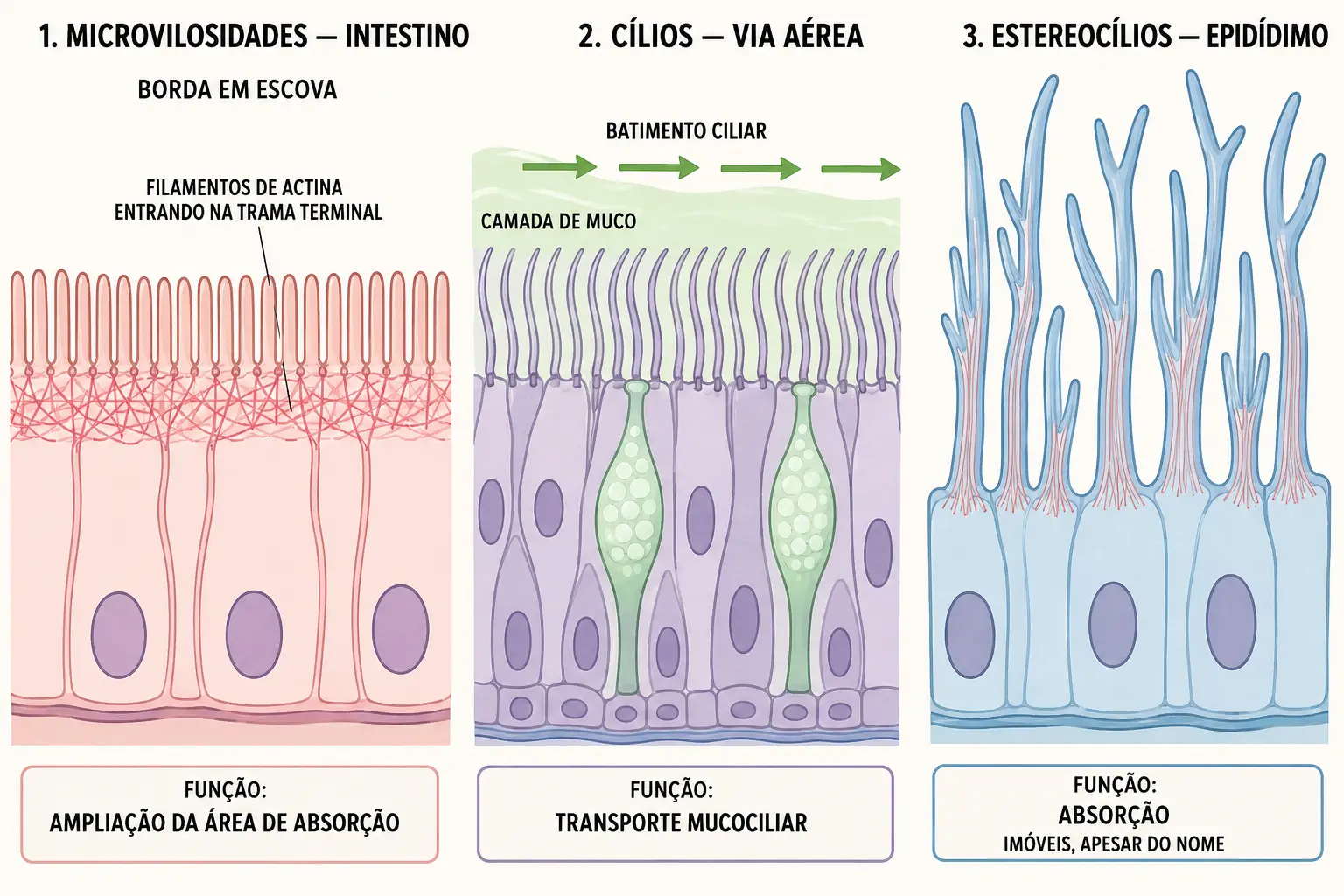 Três quadros comparando microvilosidades curtas e imóveis, cílios móveis deslocando muco e estereocílios longos e imóveis.