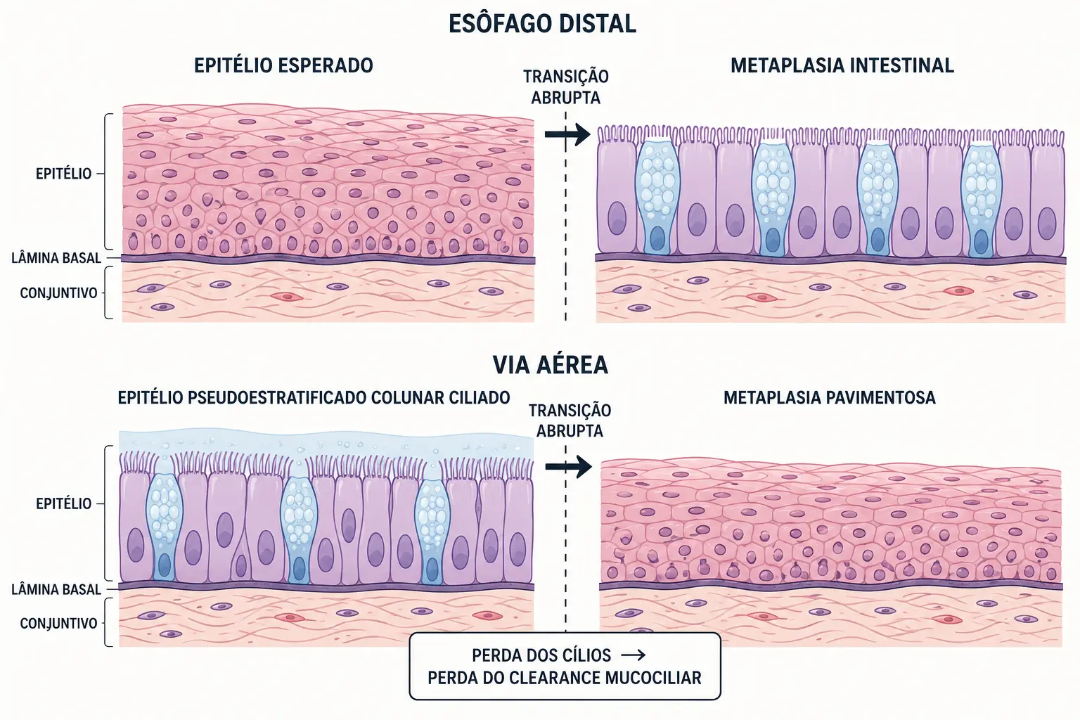 Painel duplo mostrando esôfago com epitélio pavimentoso normal e com metaplasia colunar caliciforme, e abaixo via aérea ciliada substituída por epitélio pavimentoso.
