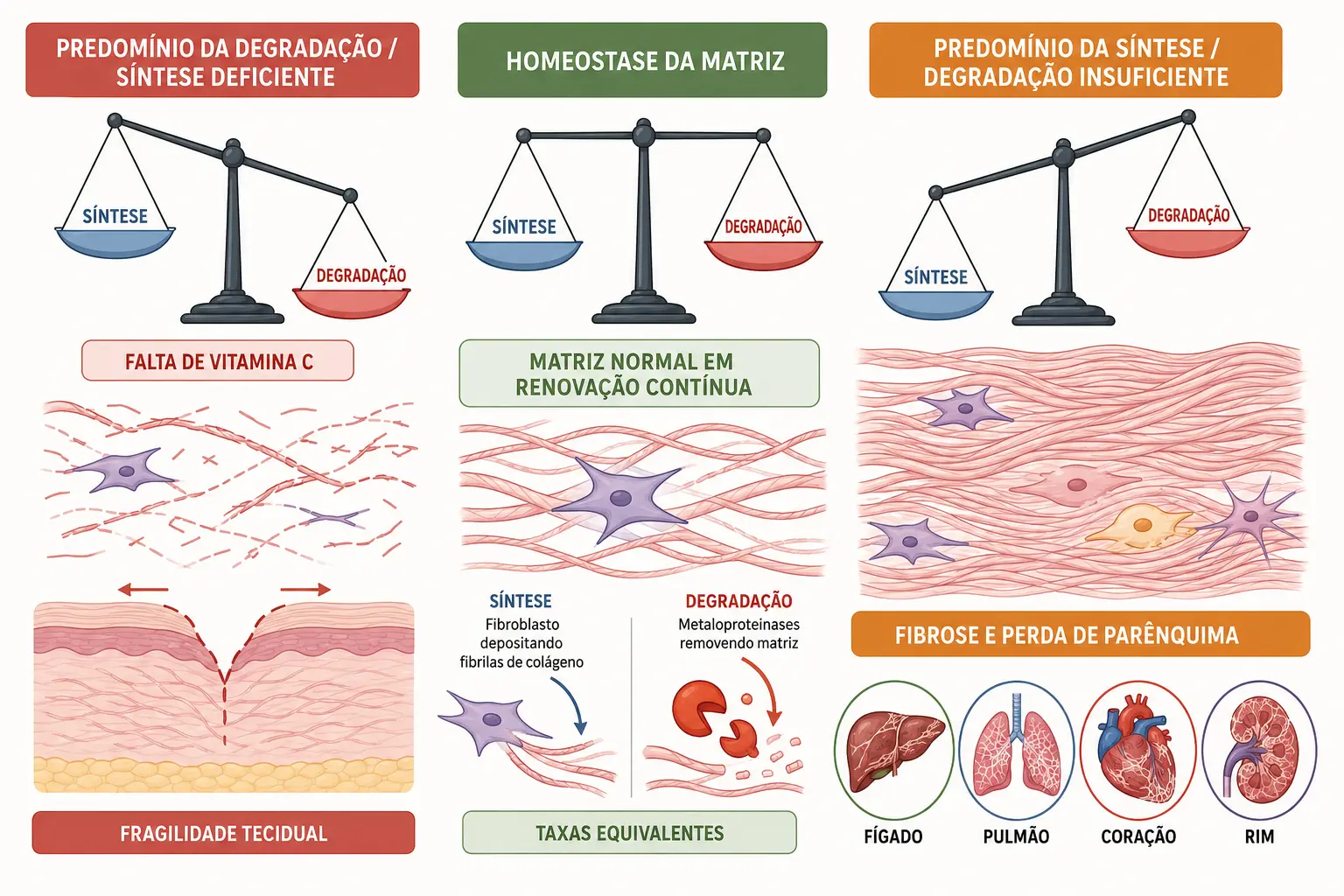 Balança central equilibrada entre síntese e degradação, com desequilíbrio para degradação produzindo fragilidade e para síntese produzindo fibrose em vários órgãos.