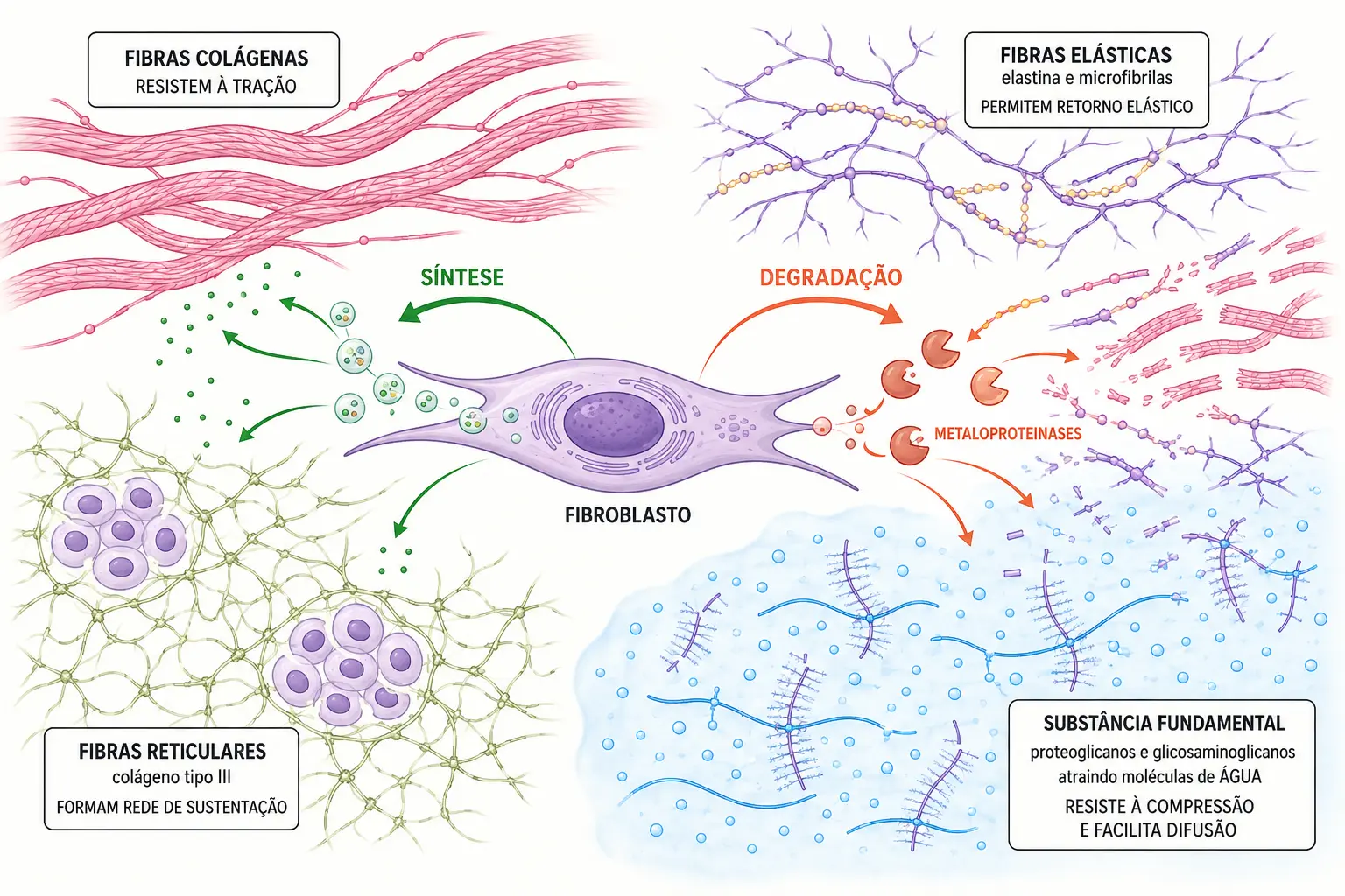 Fibroblasto ao centro com setas de síntese e degradação, cercado por fibras colágenas, elásticas e reticulares e por substância fundamental hidratada.