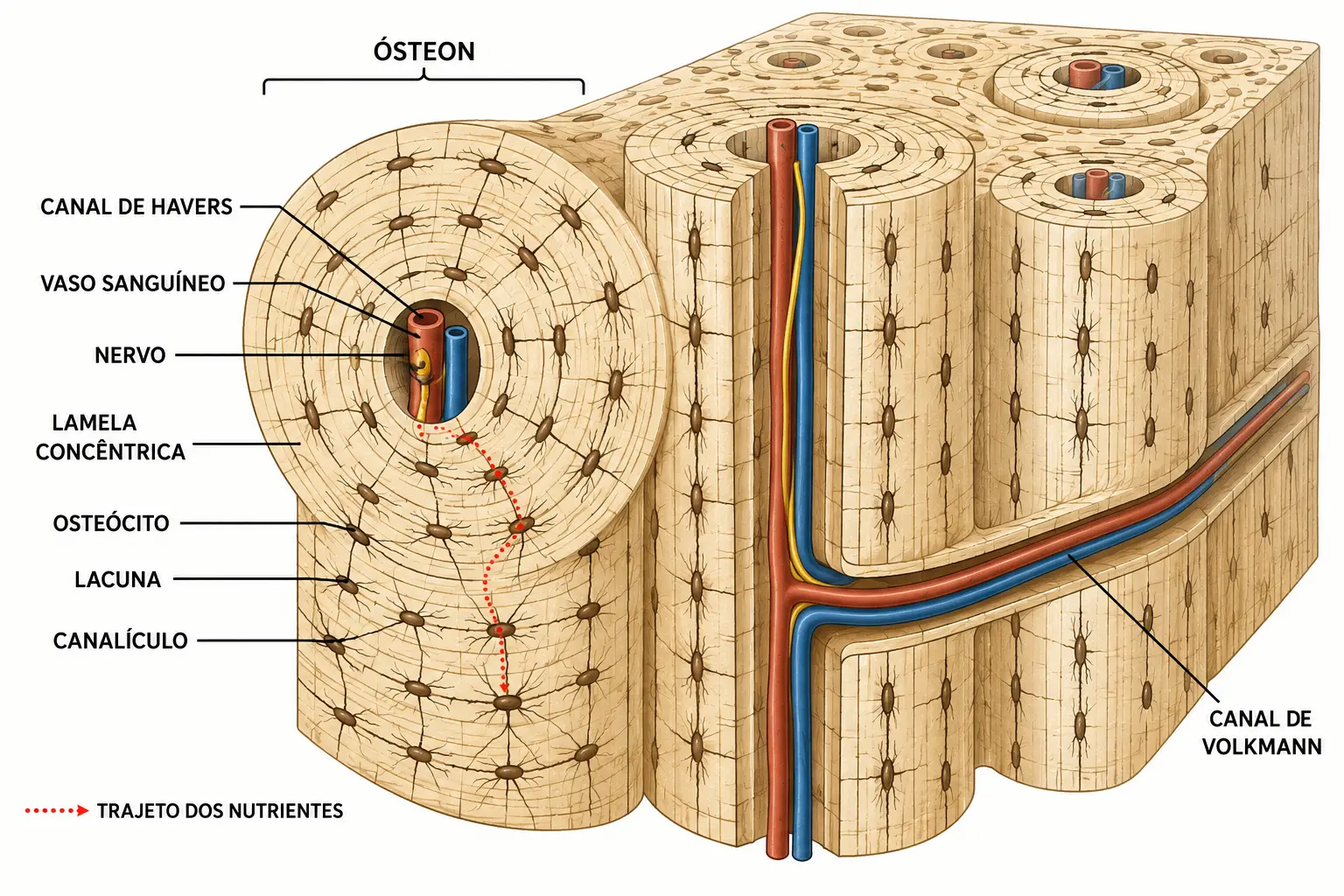 Bloco de osso compacto com ósteons cilíndricos, um seccionado mostrando canal de Havers com vaso, lamelas concêntricas, osteócitos em lacunas e canalículos, com canal de Volkmann transversal.