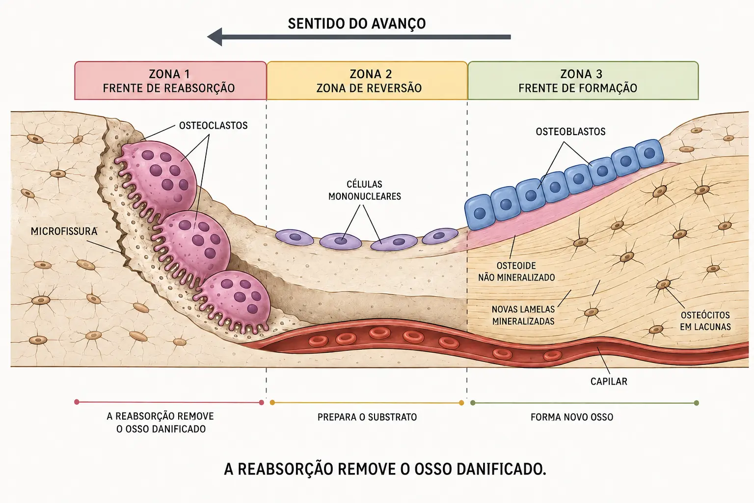 Túnel de remodelação óssea com osteoclastos removendo matriz e uma microfissura à frente, zona de reversão, e osteoblastos depositando matriz nova atrás, com capilar acompanhando.