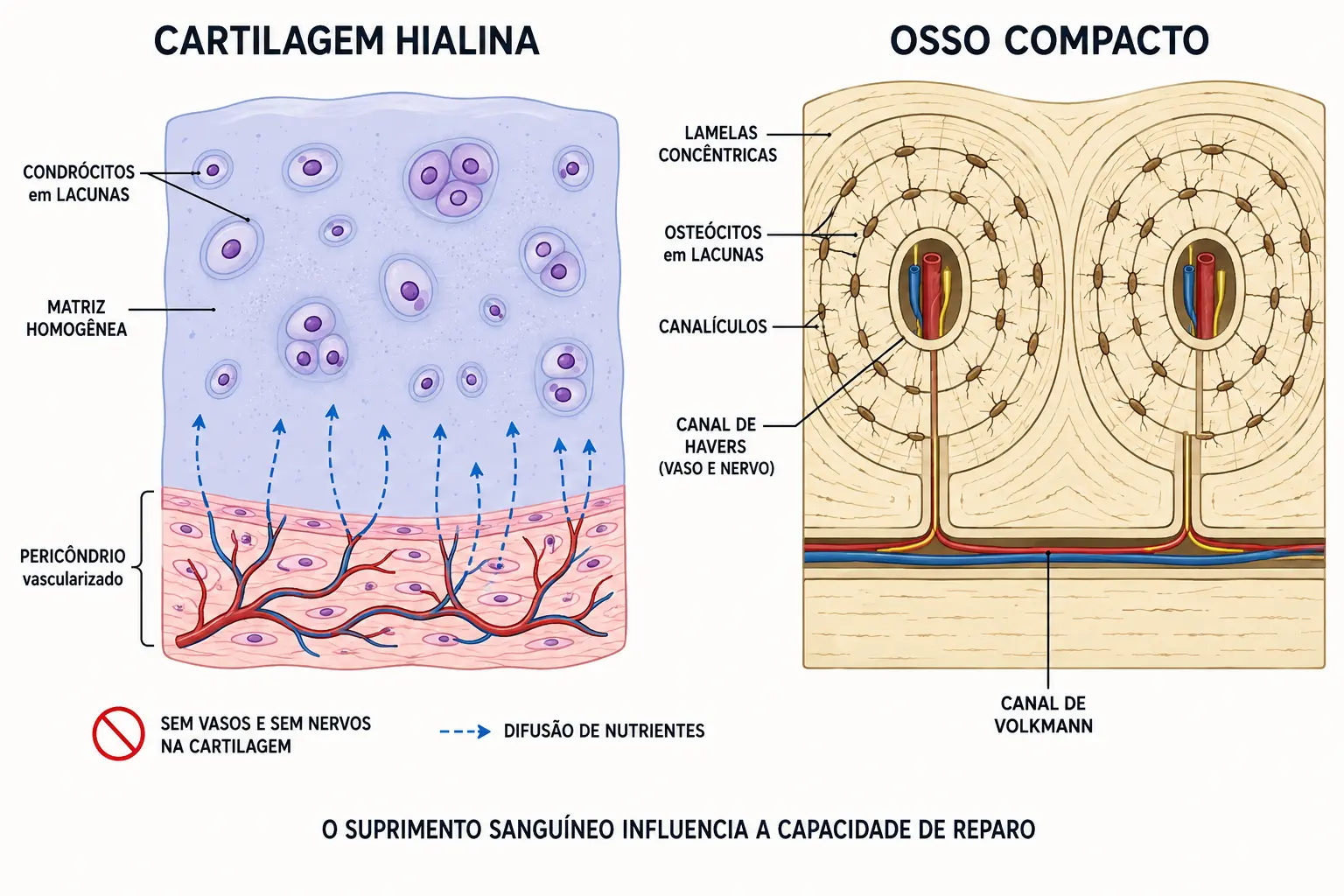 Painel duplo comparando cartilagem hialina avascular com condrócitos em lacunas e pericôndrio, e osso compacto com ósteon, canal de Havers, osteócitos e canalículos.