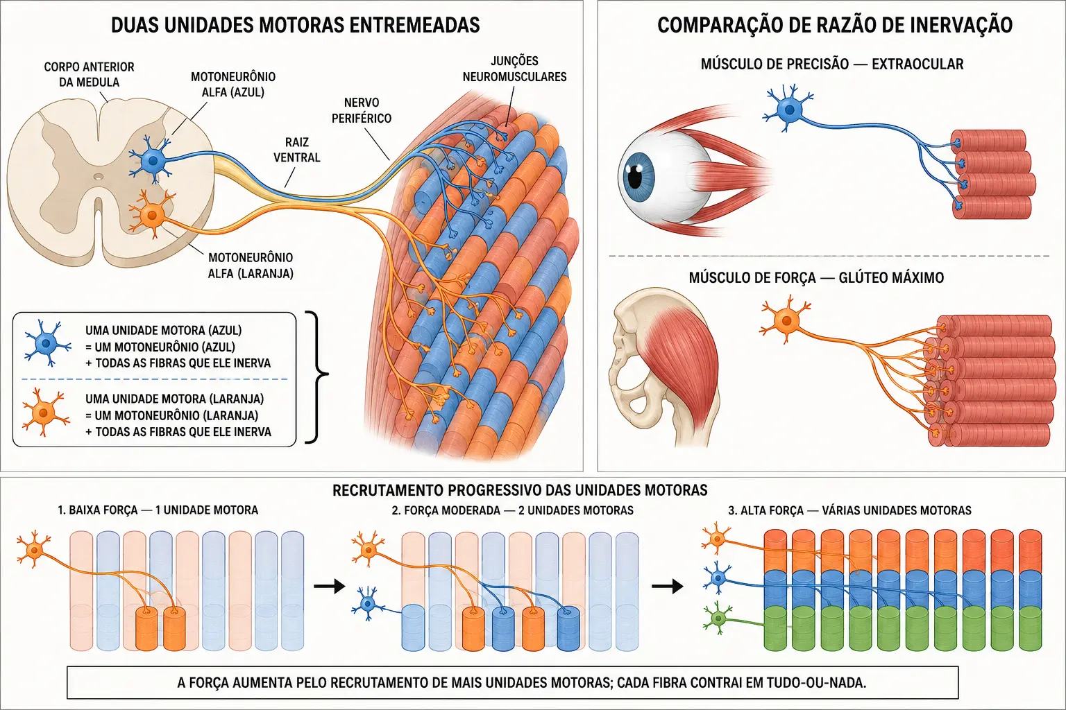 Dois motoneurônios inervando grupos distintos de fibras entremeadas, e comparação entre músculo de precisão com poucas fibras por unidade e músculo de força com muitas.