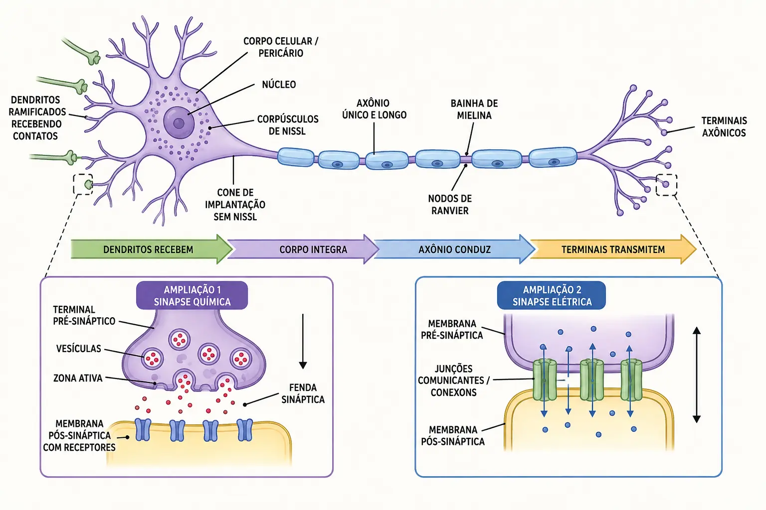 Neurônio multipolar com dendritos, corpo celular, axônio mielinizado com nodos de Ranvier e terminais, com ampliação de sinapse química e elétrica.