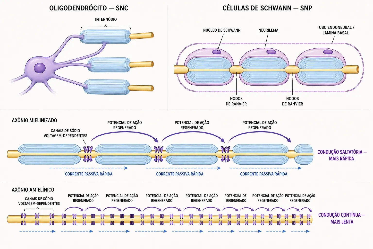Comparação entre oligodendrócito mielinizando vários axônios e células de Schwann envolvendo um axônio cada, e axônio com nodos de Ranvier mostrando condução saltatória versus condução contínua.