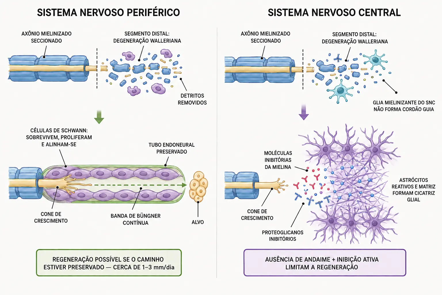 Painel duplo comparando regeneração no nervo periférico guiada pela banda de Büngner com o bloqueio no sistema nervoso central pela cicatriz glial e moléculas inibitórias.