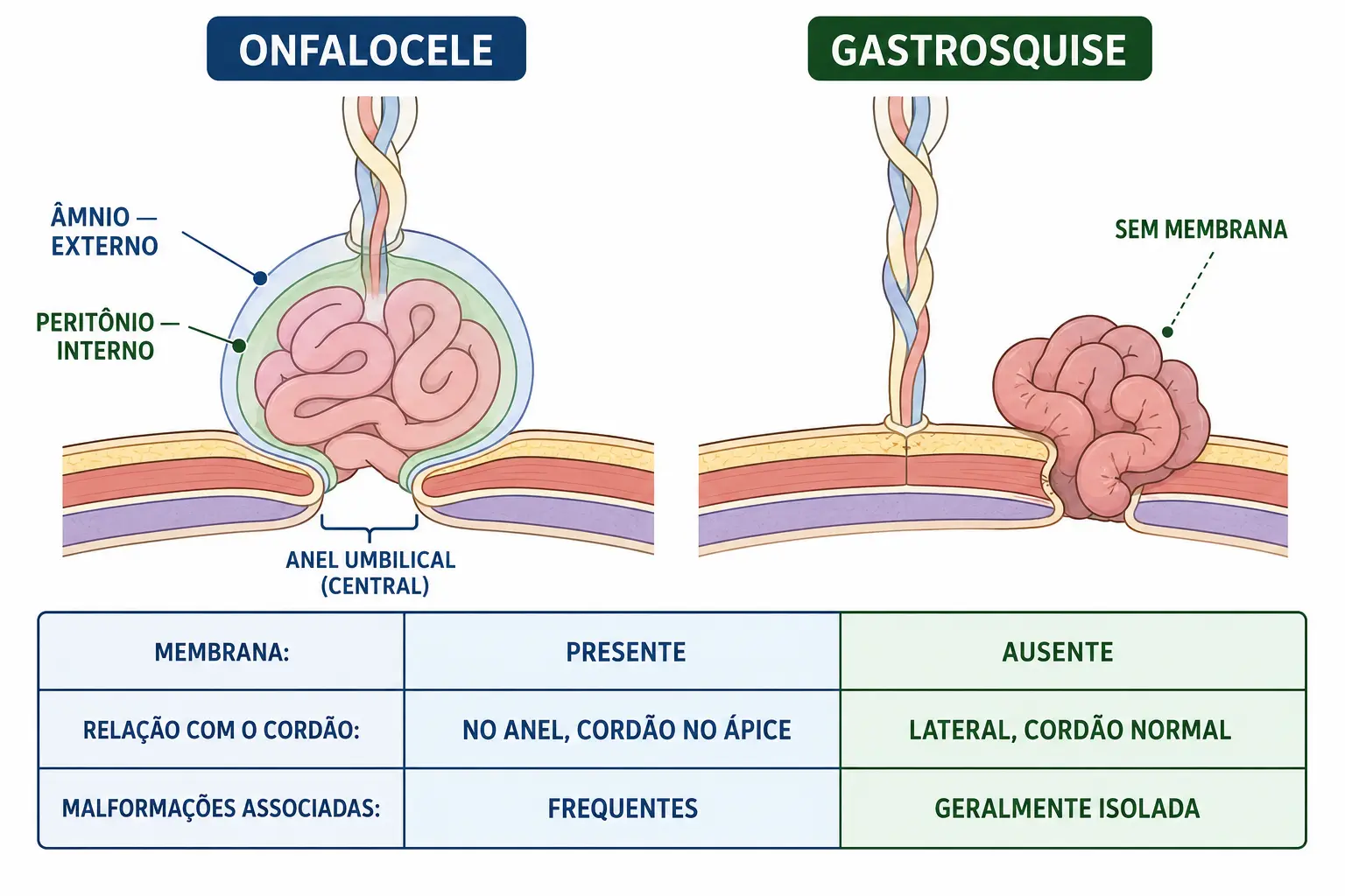 Painel duplo comparando onfalocele com saco de âmnio e peritônio na linha média e cordão inserido no ápice, e gastrósquise com defeito lateral direito sem cobertura e alças espessadas.