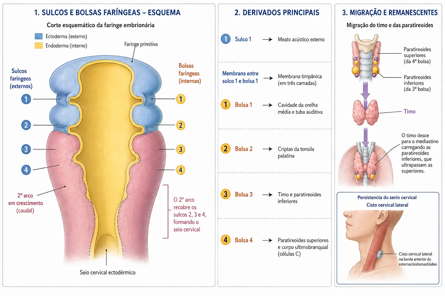 Corte esquemático com os quatro sulcos externos e as quatro bolsas internas e seus derivados rotulados, o seio cervical formado pelo crescimento do segundo arco, a descida do timo arrastando as paratireoides e um quadro com cisto cervical lateral.