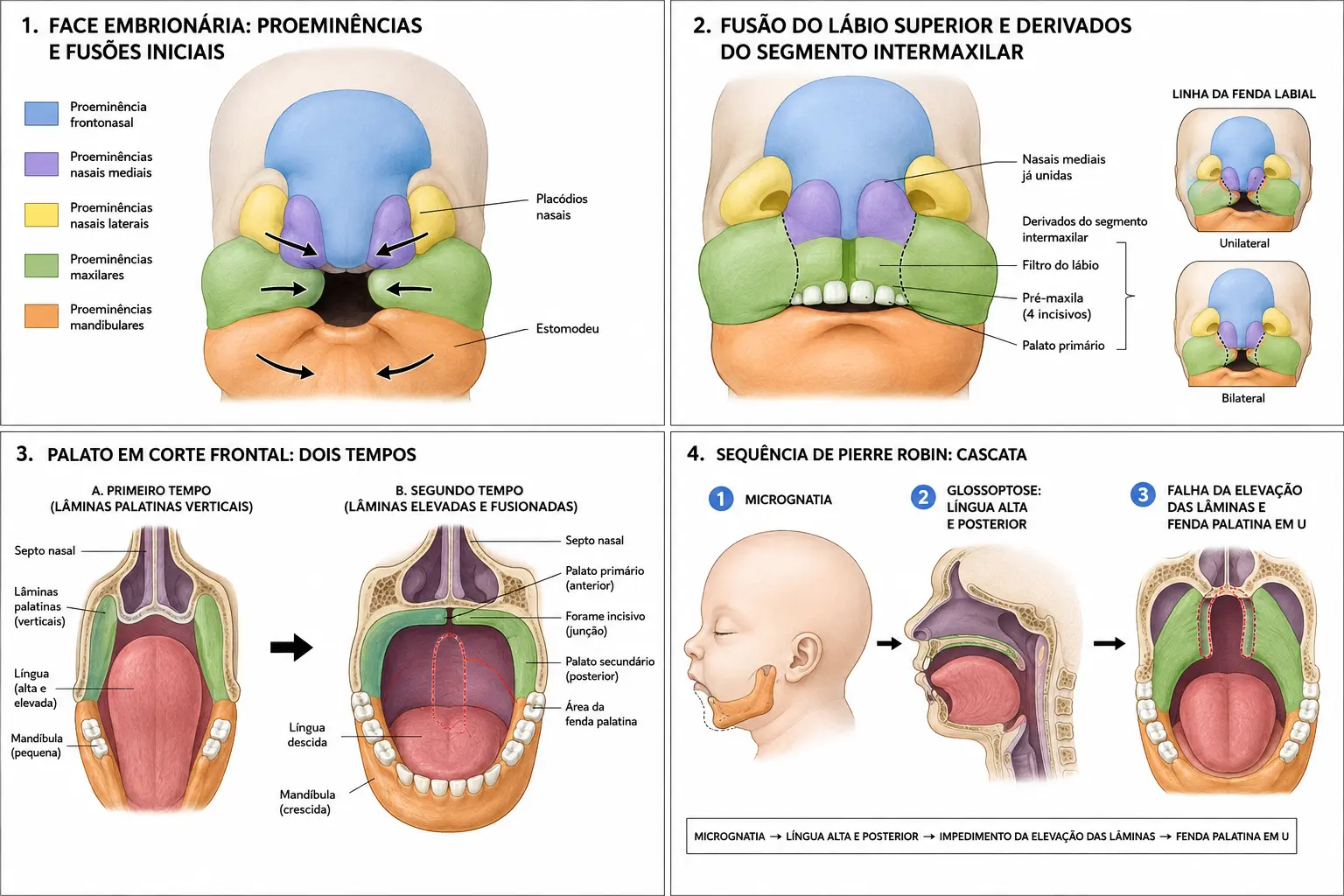 Quatro painéis mostrando as cinco proeminências faciais, a fusão do lábio superior com o segmento intermaxilar e a linha da fenda labial, a rotação das lâminas palatinas com o forame incisivo, e a cascata da sequência de Pierre Robin.