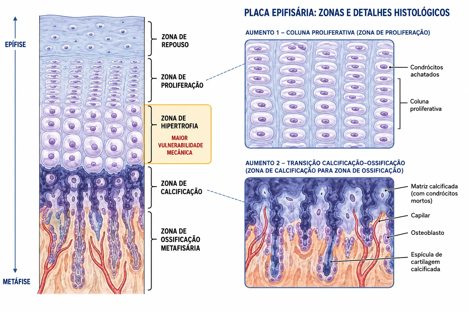 Corte longitudinal da placa epifisária com as cinco zonas empilhadas, colunas de condrócitos na zona proliferativa e células volumosas com matriz escassa na zona hipertrófica.
