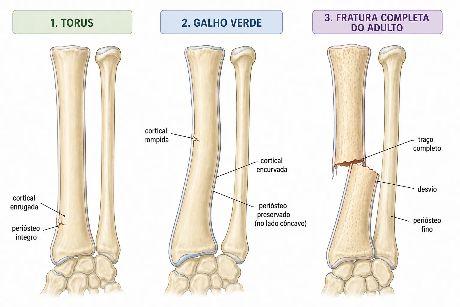 Três painéis comparando fratura em torus com cortical enrugada, fratura em galho verde com uma cortical rota e outra encurvada, e fratura completa do adulto com traço atravessando toda a espessura.