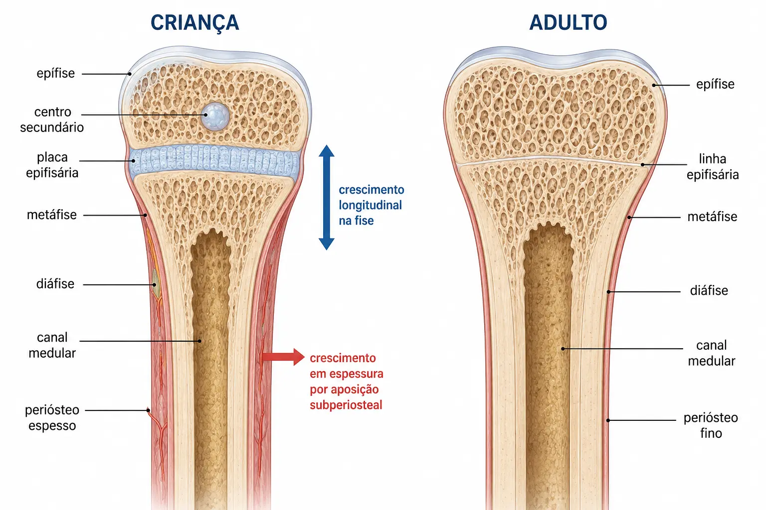 Painel duplo comparando osso longo da criança, com placa epifisária aberta e periósteo espesso, e osso longo do adulto, com linha epifisária fechada e periósteo fino.