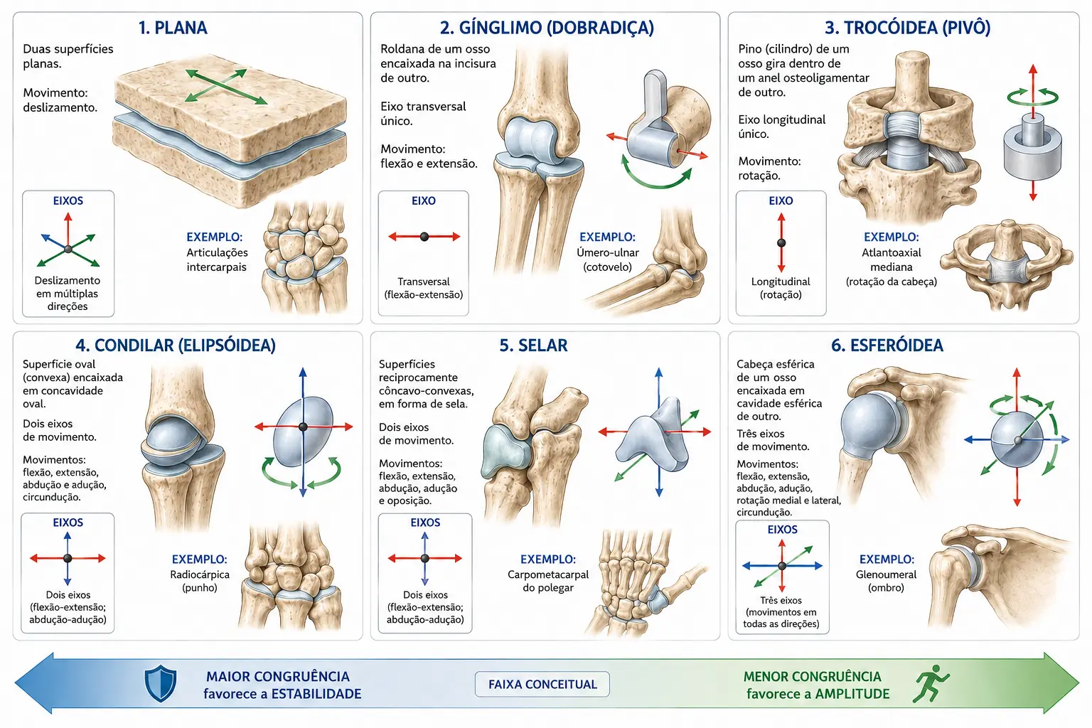 Seis painéis com os tipos de articulação sinovial por forma, do plano ao esferóideo, com os eixos de movimento marcados e uma barra indicando o compromisso entre amplitude e estabilidade.