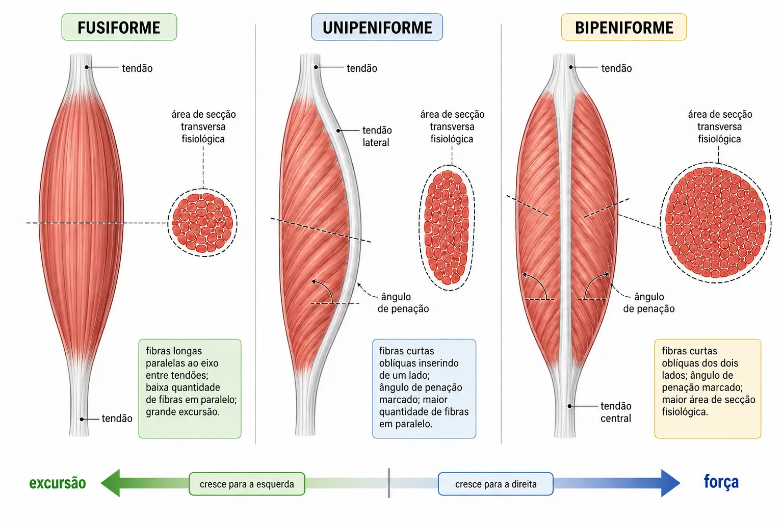 Três painéis de mesmo volume comparando músculo fusiforme, unipeniforme e bipeniforme, com o ângulo de penação e o plano da área de secção transversa fisiológica marcados.