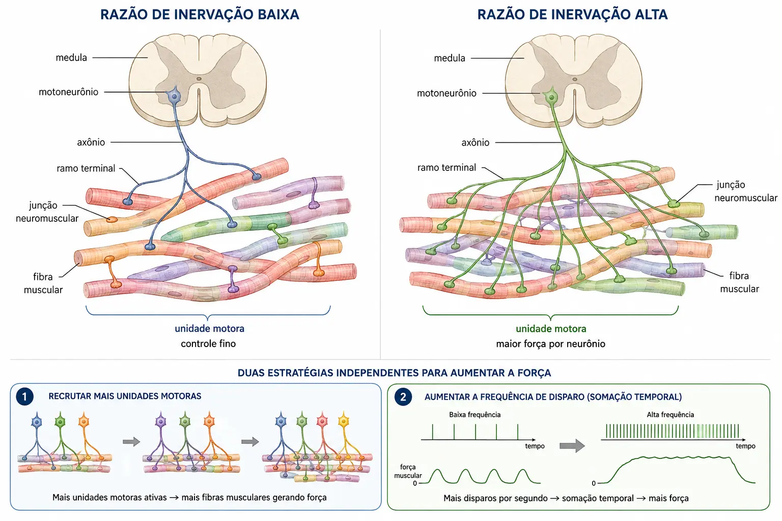 Painel duplo comparando unidade motora com poucas fibras por motoneurônio e unidade motora com muitas fibras, com junções neuromusculares desenhadas.