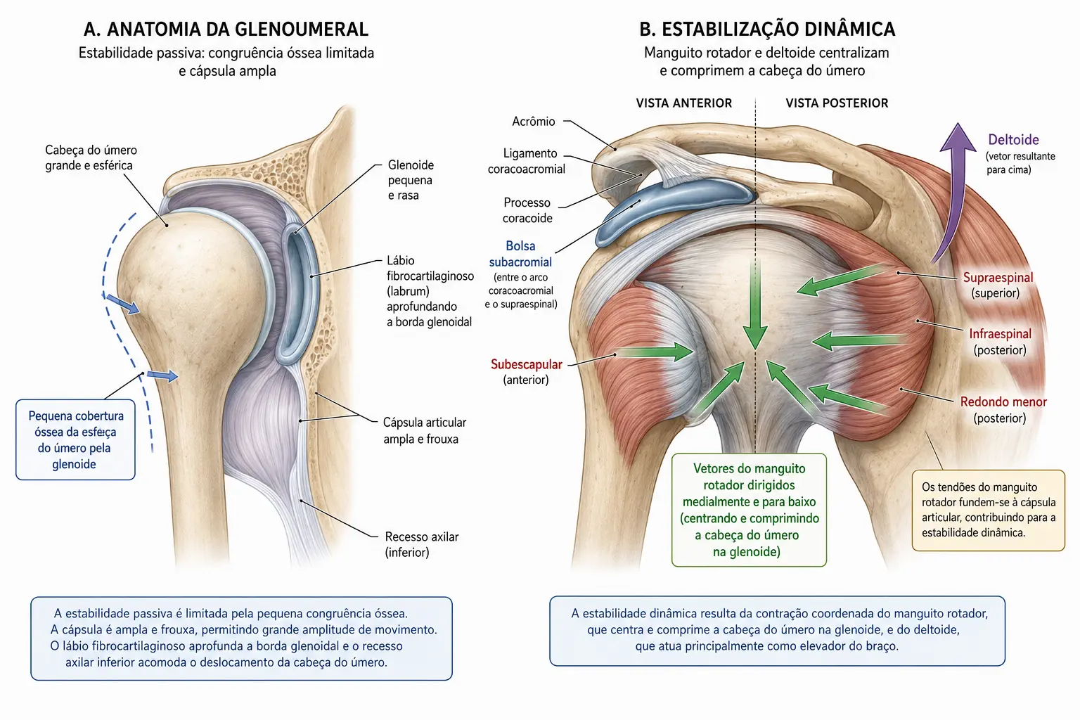 Painel duplo do ombro mostrando a desproporção entre cabeça do úmero e glenoide rasa com lábio, e o par de forças entre deltoide e manguito rotador sob o arco coracoacromial.