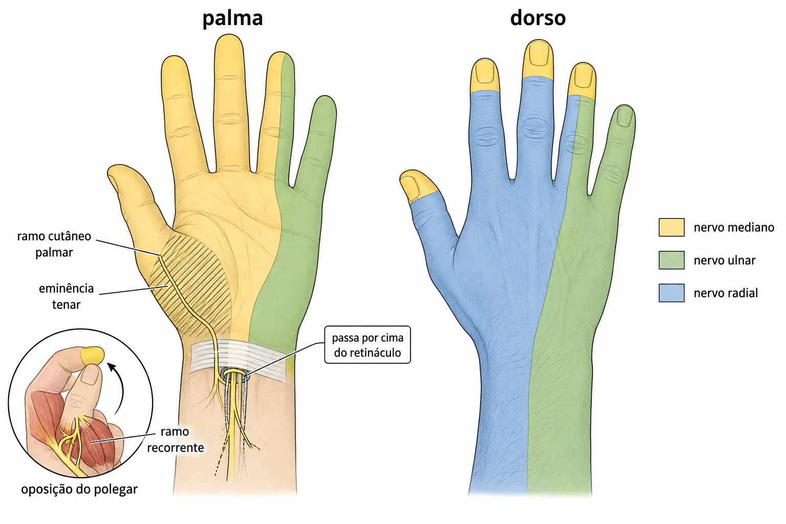 Territórios sensitivos de mediano, ulnar e radial na palma e no dorso da mão, com a pele da eminência tenar destacada como área poupada por ser inervada por ramo que passa fora do túnel.